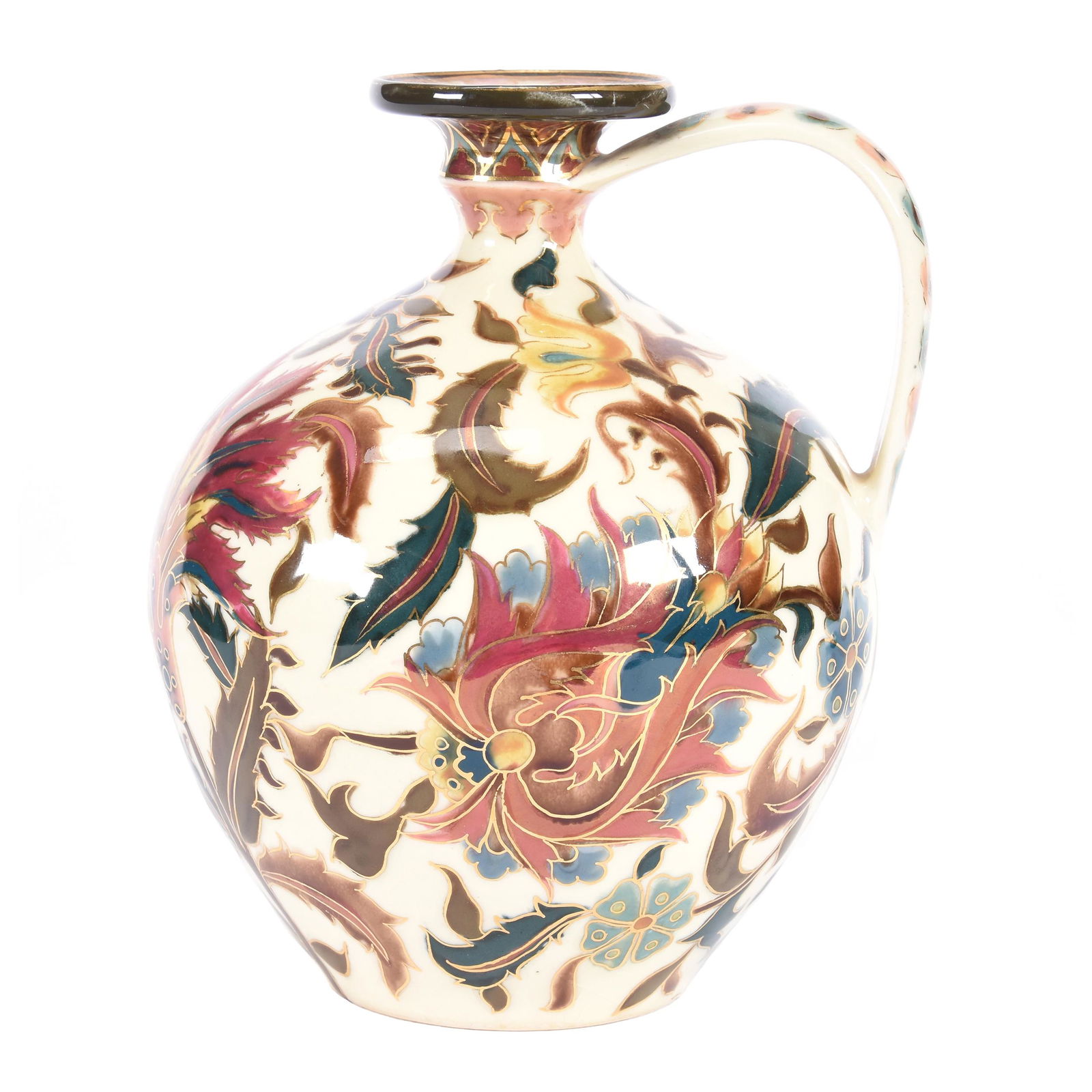 Handled Jug Marked Zsolnay: Handled Jug Marked Zsolnay, 7.5", Cream Background with Colorful Floral Decor, Well Done, Ron Duncan/Allen Goodwin