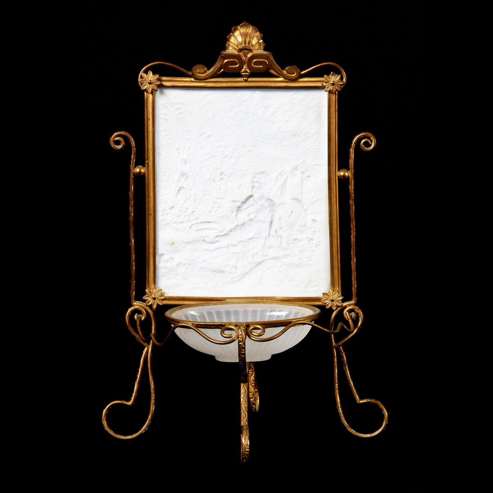Lithopane Framed In Gilt Metal Stand: Lithopane Framed in Gilt Metal Stand, 8.5" x 6", Clear Opaque Dish and Candle Holder, 4.5" x 3.5" Lithopane Marked "Francaise" with Scene of Young Girl Watching Rabbit, Ron Duncan/Allen Goodwin