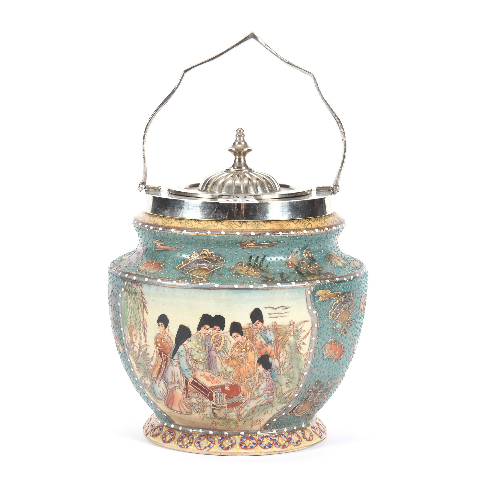 Biscuit Jar With Chinese Marks: Biscuit Jar with Chinese Marks, 7", Beaded Enamel Turquoise Background with Classic Chinese Scenic Decor, Silverplate Lid and Bail, Ron Duncan/Allen Goodwin