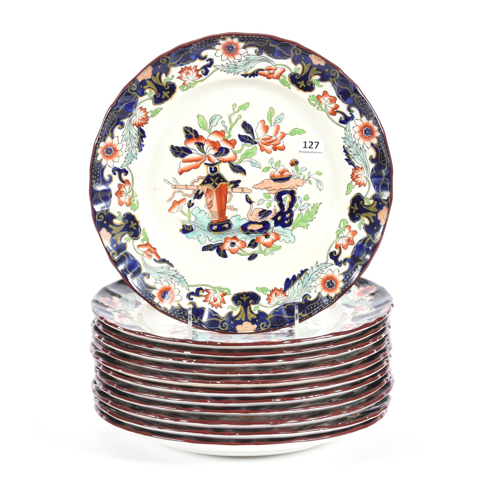 (12) Plates, Mason's Patent Ironstone, England: (12) Plates, Mason's Patent Ironstone, England, 10.5", Pattern D9701, Hand Painted Over Transfer, Colorful, Ron Duncan/Allen Goodwin