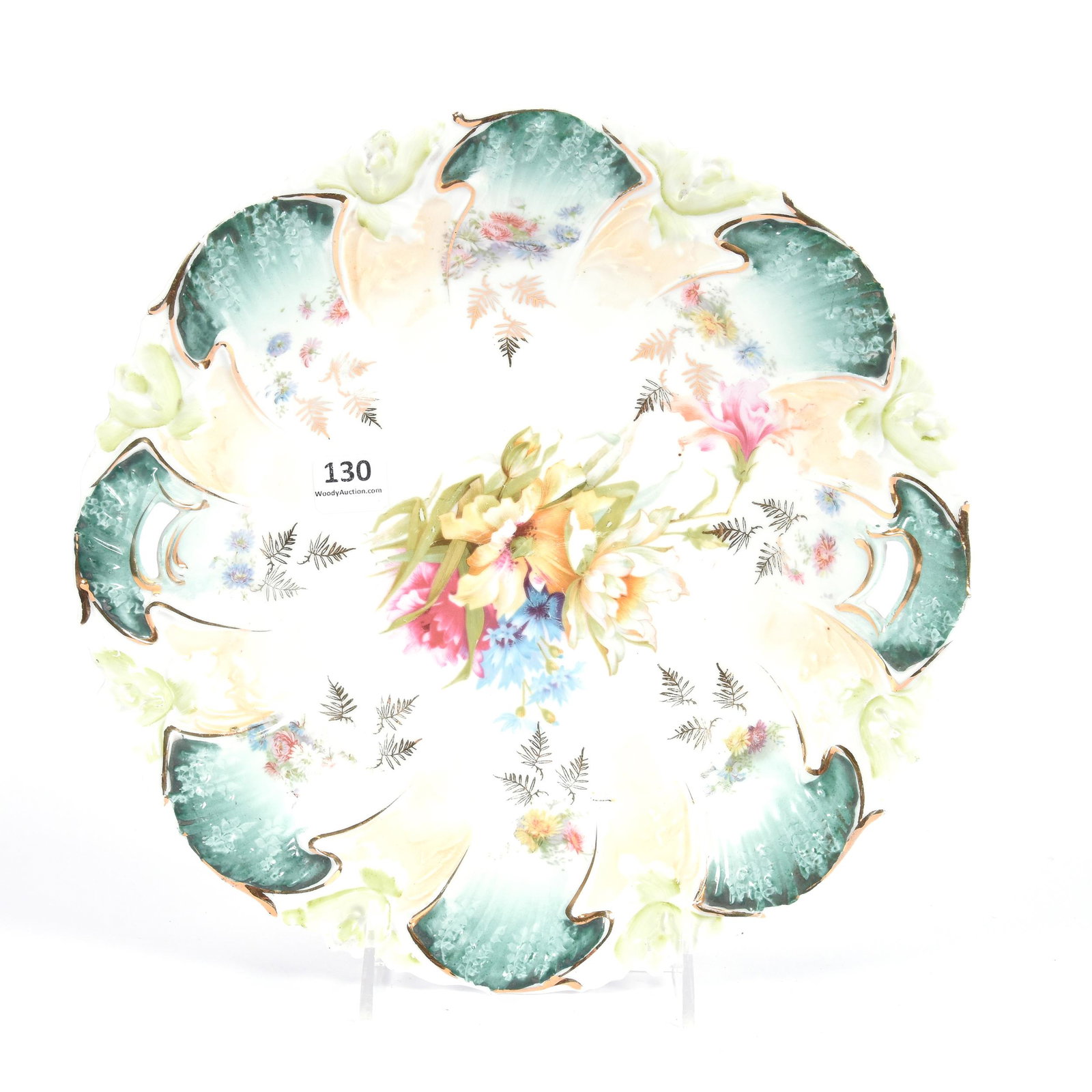 Cake Plate, Unmarked Prussia, Floral Mold: Cake Plate, Unmarked Prussia, Floral Mold, 10.5", White, Cream and Green Tones with Colorful Floral Decor, Dean and Marilyn Zellers, KS