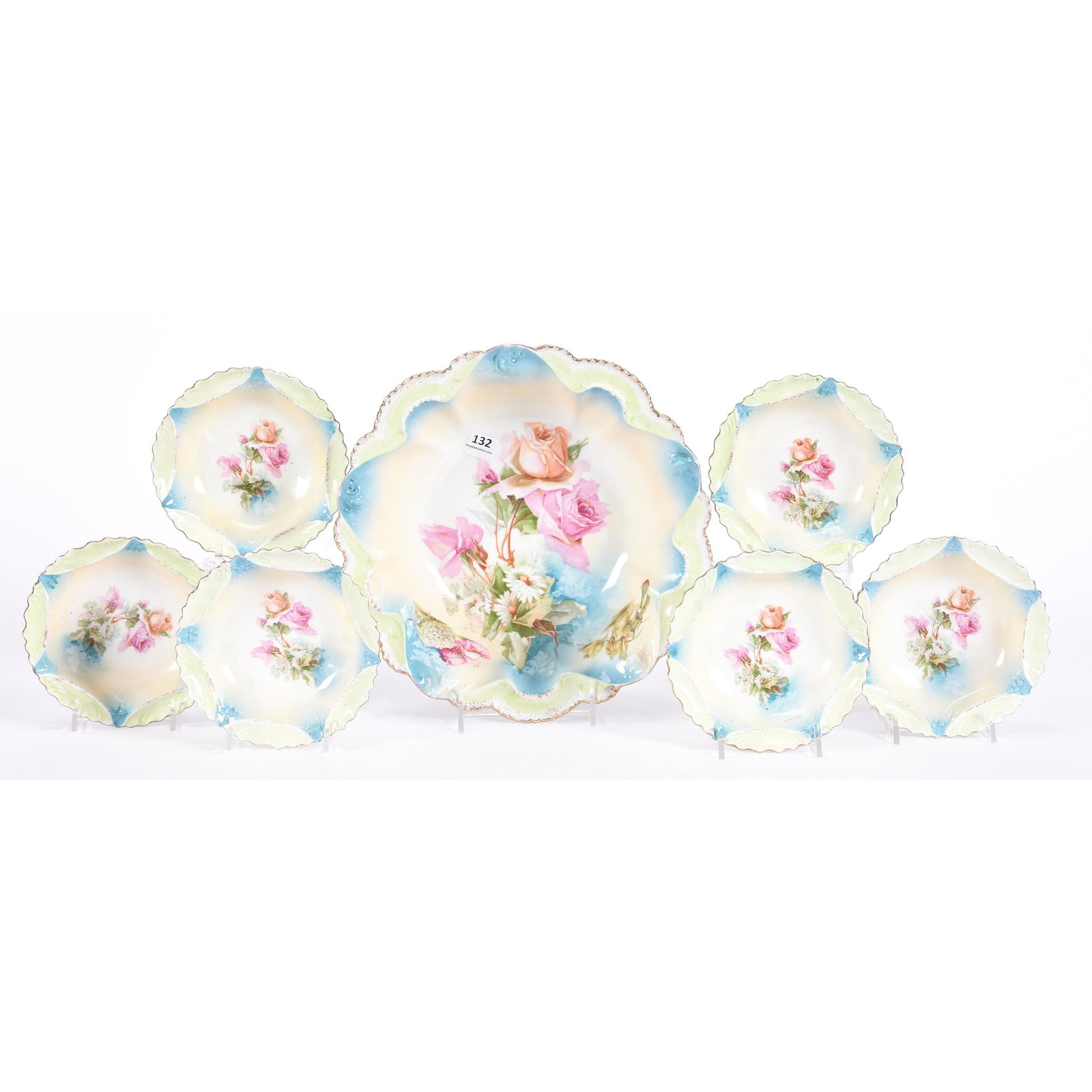 Berry Set Marked RSP, Mold #329: Berry Set Marked RSP, Mold #329, (1) 10.75" Master Bowl, Daisy and Rose Decor, (6) Matching 5.5" Berry Dishes, Dean and Marilyn Zellers, KS