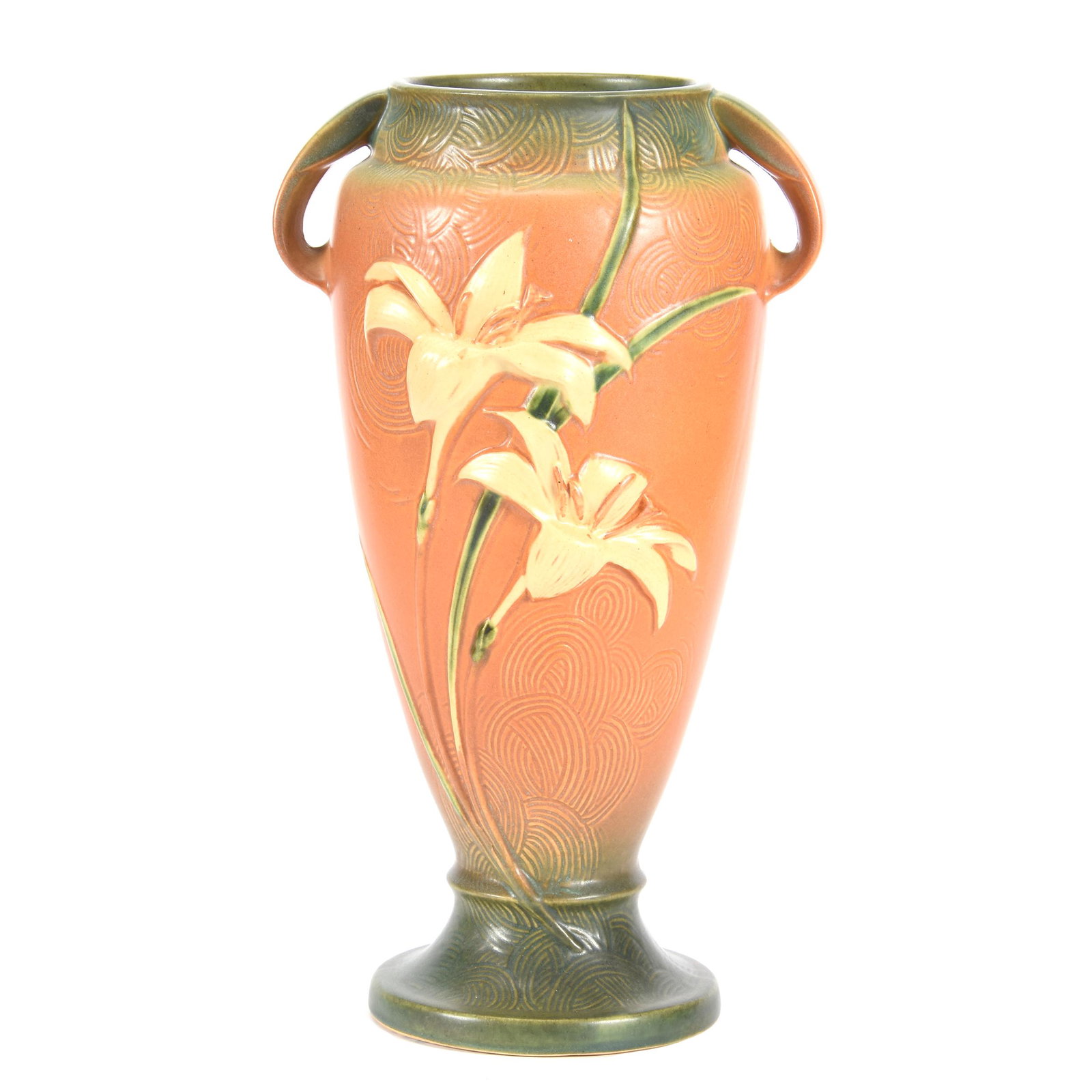Vase, Roseville Art Pottery #141-15": Vase, Roseville Art Pottery #141-15", 15", Zephyr Lily Pattern, Brown and Green Tones, Ron Duncan/Allen Goodwin