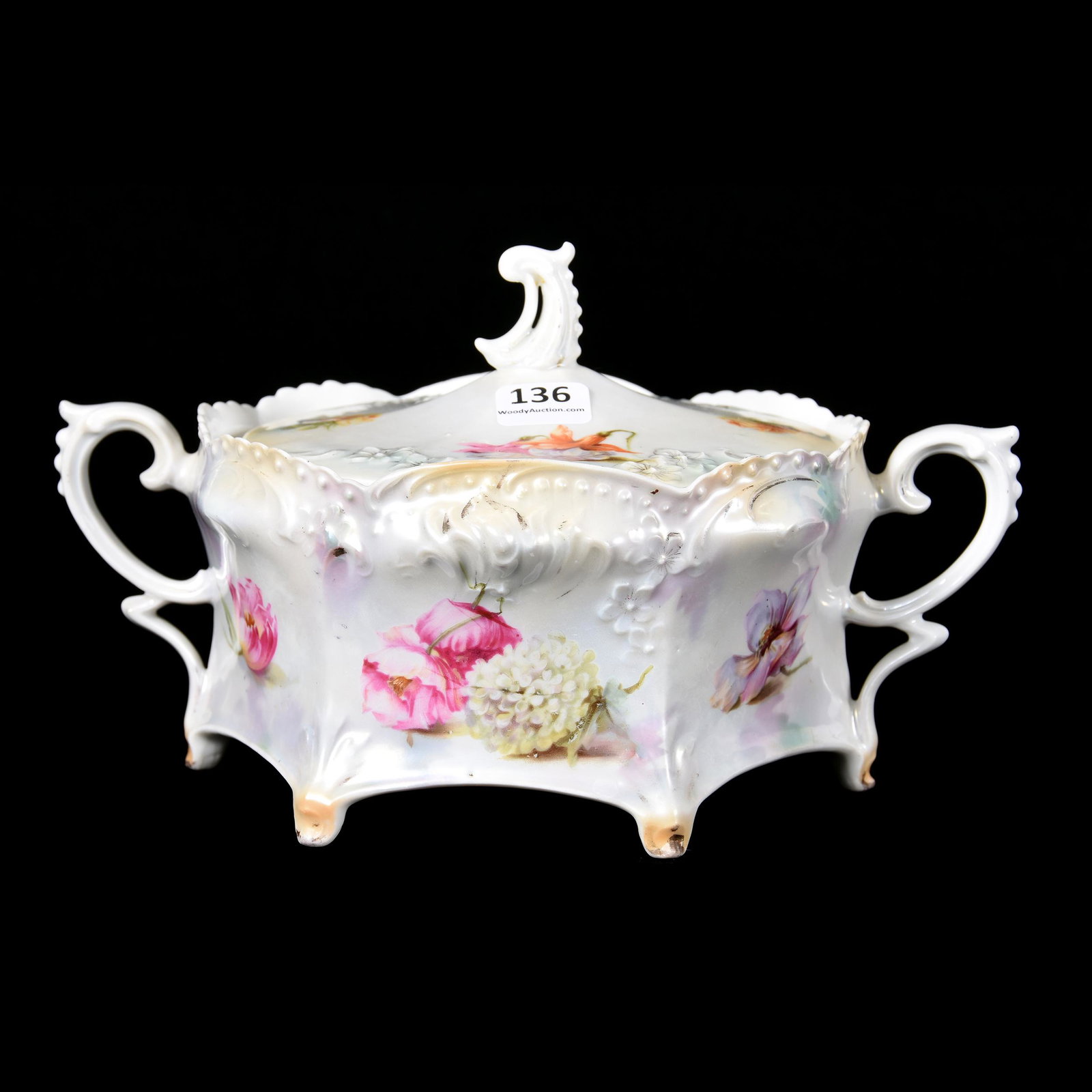 Cracker Jar, Unmarked Prussia, Six-Sided: Cracker Jar, Unmarked Prussia, Six-Sided, 5" x 9.25", White Satin Finish with Tiffany Highlights, Scattered Floral Decor, Two Handles, The Clarence Meyer Estate, KS