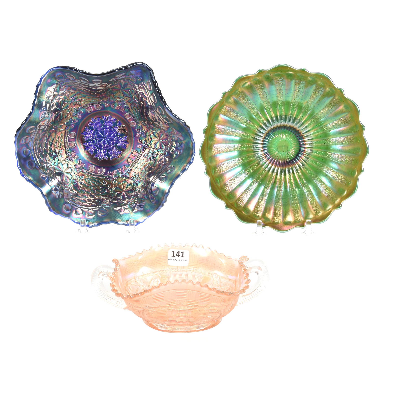 (3) Carnival Glass Items: (3) Carnival Glass Items, (1) Northwood Grape Bon-Bon, Pale Marigold/Clambroth, (1) 7" Fenton's Leaf Chain Ruffled Bowl, Blue, (1) 6.5" Fenton's Stippled Rays Plate, Green, A. H. Schmidt