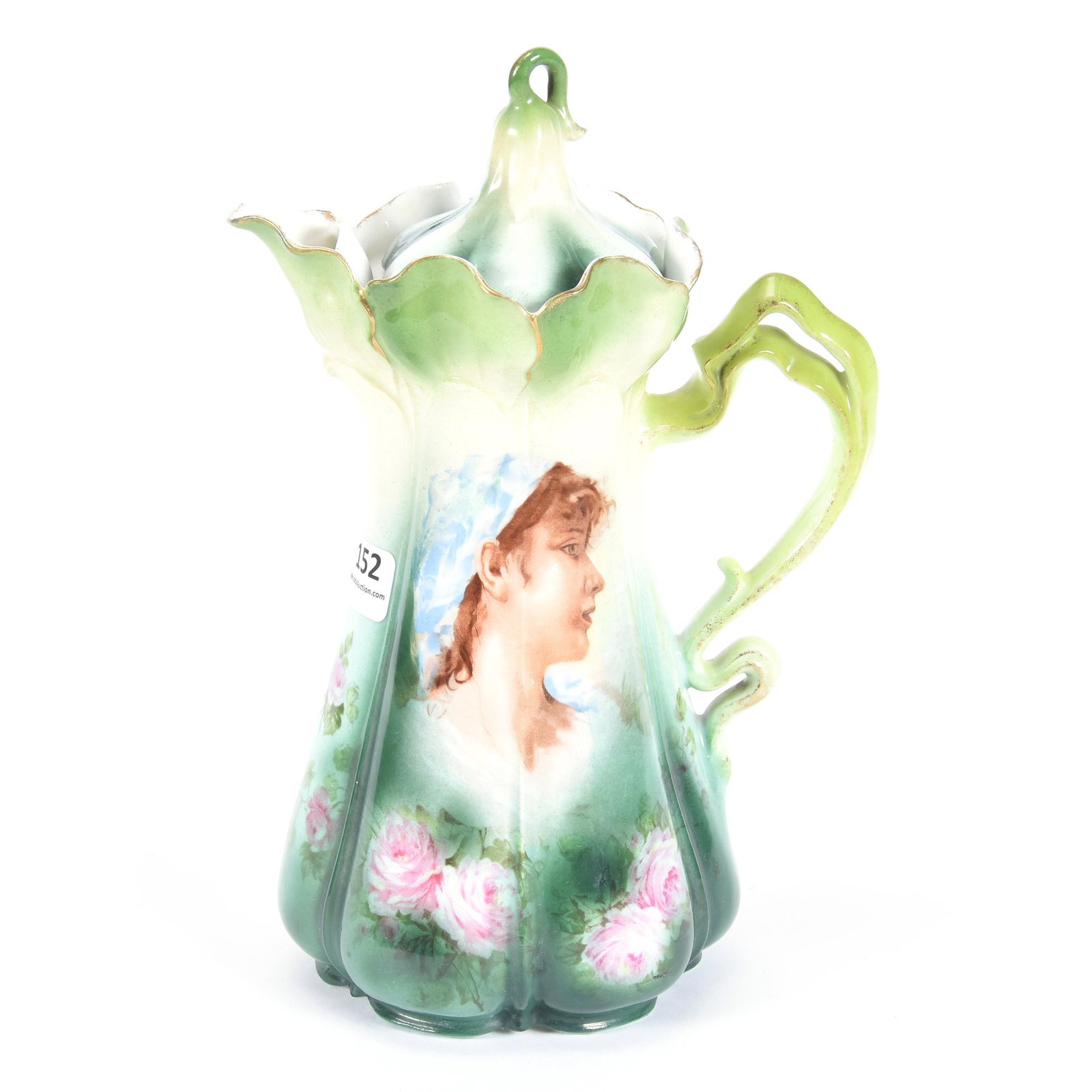 Chocolate Pot, Unmarked Prussia, Morning Glory Mold: Chocolate Pot, Unmarked Prussia, Morning Glory Mold, 9.25", Portrait of Peasant Girl, Green and Cream Background, Pink Rose Highlights, Lid has Repair on Part That Goes Into Pot, Cannot Be Seen When i