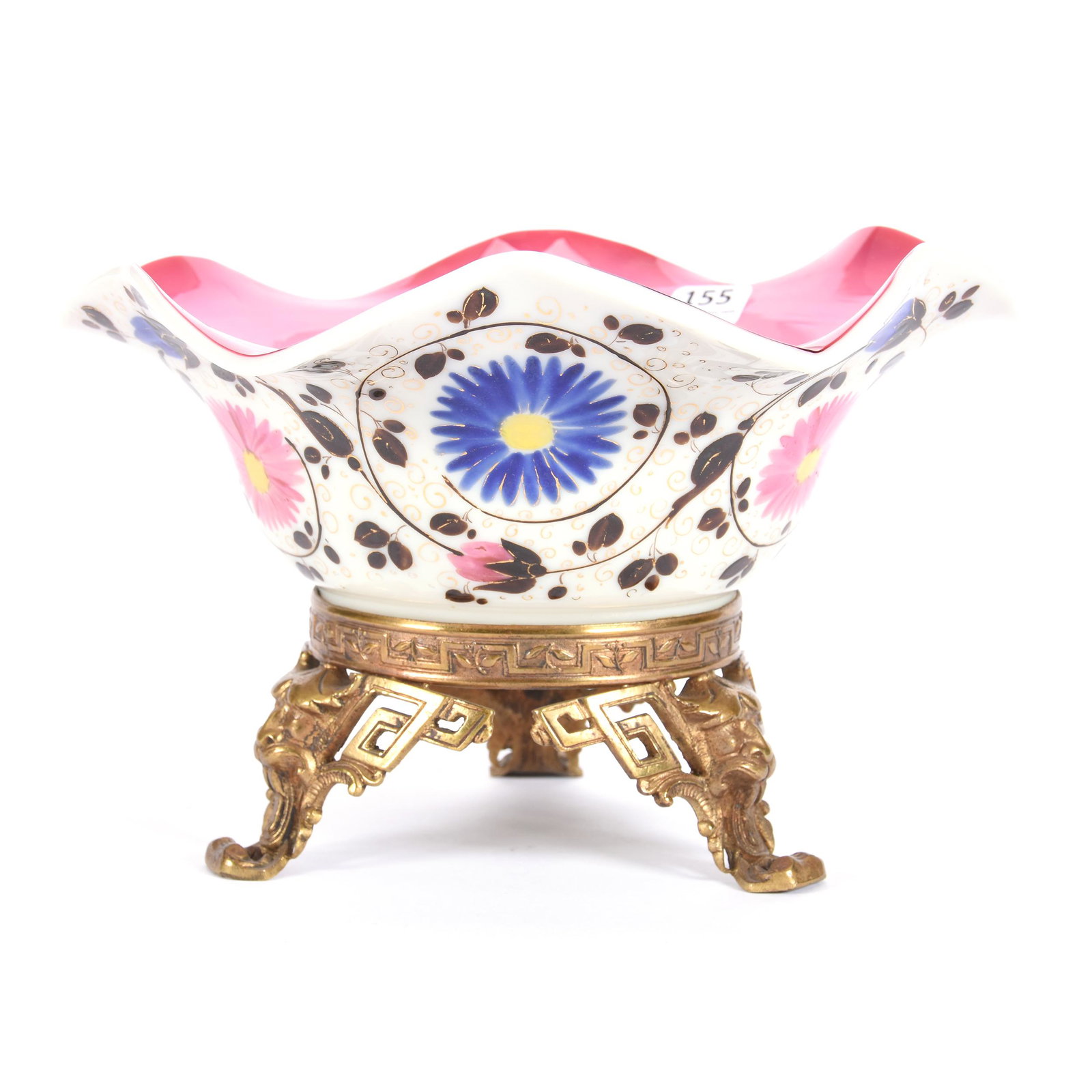 Center Bowl, Cased Peachblow Interior: Center Bowl, Cased Peachblow Interior, 5.5" x 9", White Exterior, Colorful Floral Decor, Embossed Brass Lions' Head Feet Attached Base, Split Bubble Open on Interior Surface Done in Making, Ron Duncan