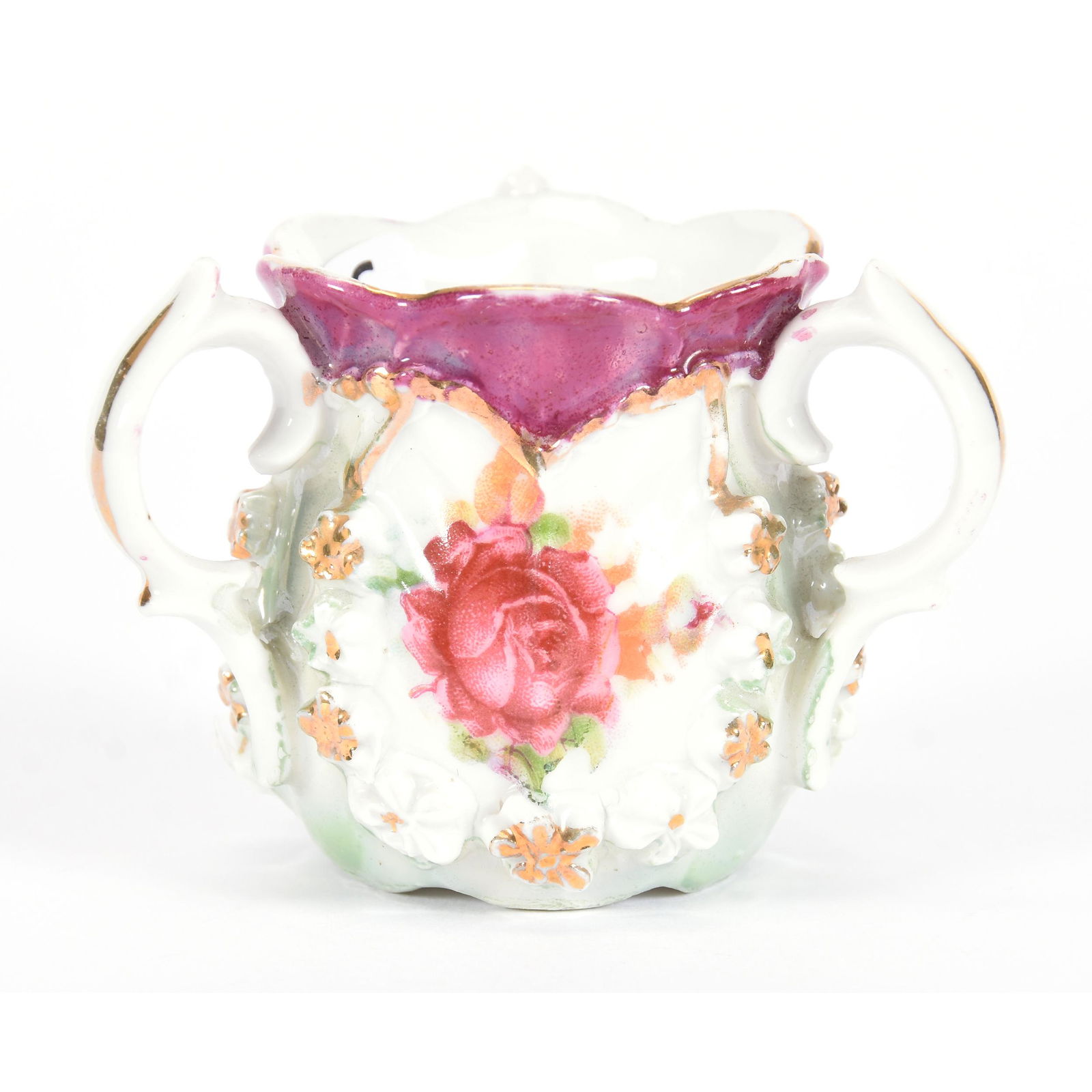 Toothpick Holder, Three Handles, Unmarked Germany: Toothpick Holder, Three Handles, Unmarked Germany, 2", Embossed Floral Wreath Design, Green and Purple Lustre Finish, Rose Decor, Dean and Marilyn Zellers, KS