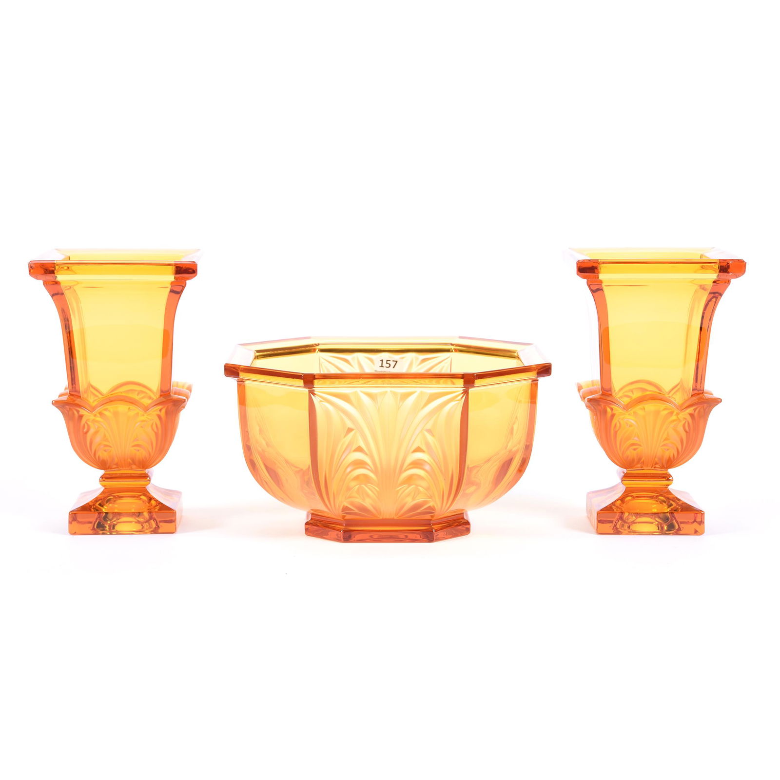 Console Set, Three Piece, Solid Amber Lalique Style: Console Set, Three Piece, Solid Amber Lalique Style, (1) 5" x 10" Eight-Sided Bowl with (2) 7.75" Matching Square Pedestal Vases, Frosted Panels with Leaf Design, Nice Quality Set, Unknown Maker, Ron