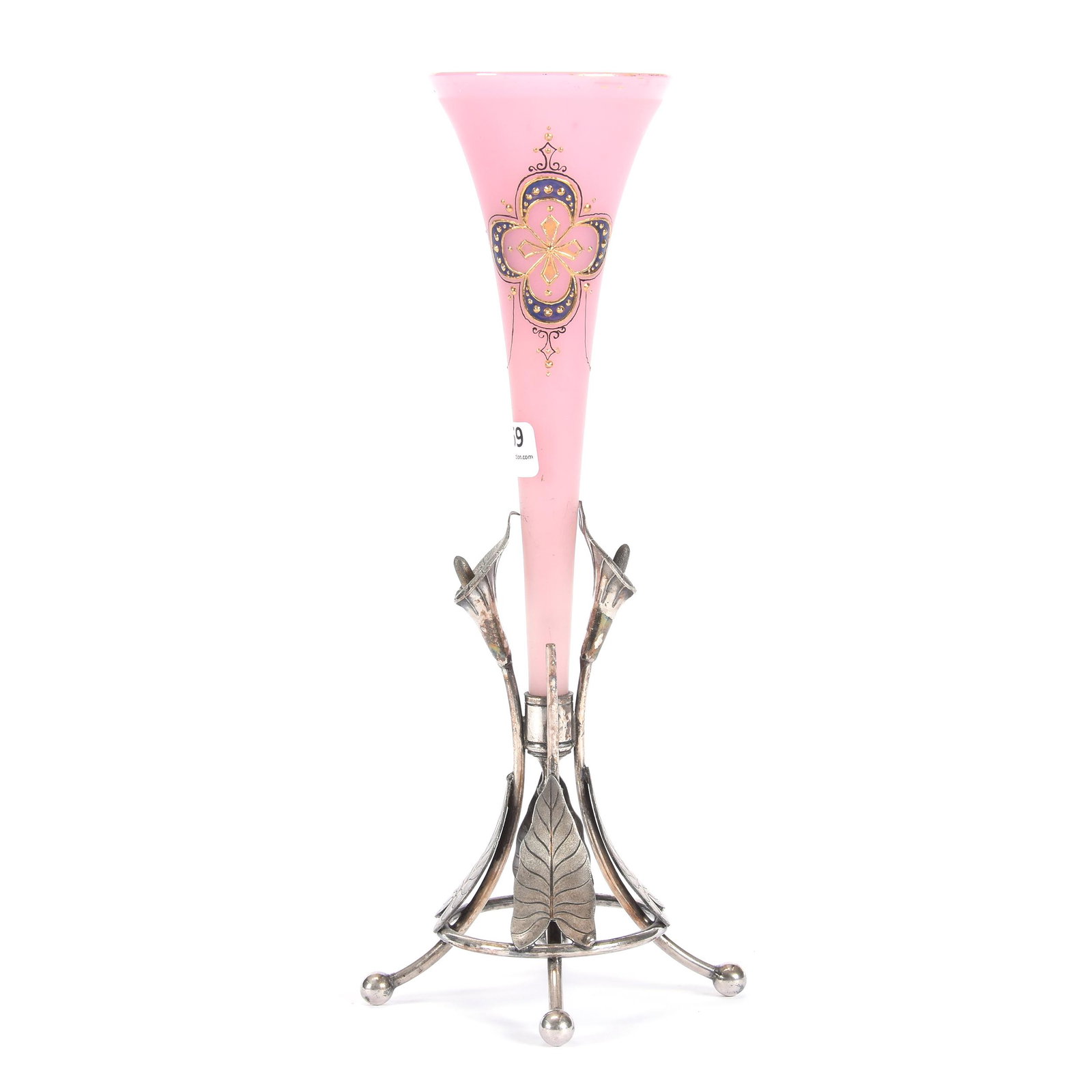 Victorian Bud Vase, Pink Frosted Art Glass Insert: Victorian Bud Vase, Pink Frosted Art Glass Insert, 11.75", Enamel Decor, Set on Figural Silverplate Stand with Calla Lilies, Ron Duncan/Allen Goodwin