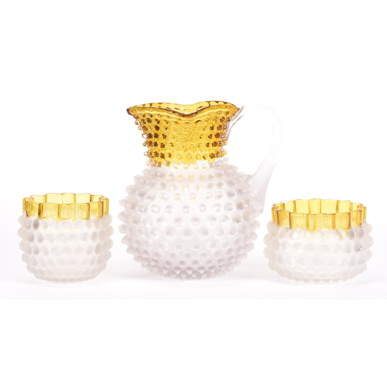 (3) Pieces Francis Ware Pattern Glass: (3) Pieces Francis Ware Pattern Glass, (1) 8.5" Water Pitcher, Hobs in Excellent Condition, (1) 4" Spooner, (1) 3.5" Sugar Bowl with (2) Chipped Hobs, Ron Duncan/Allen Goodwin