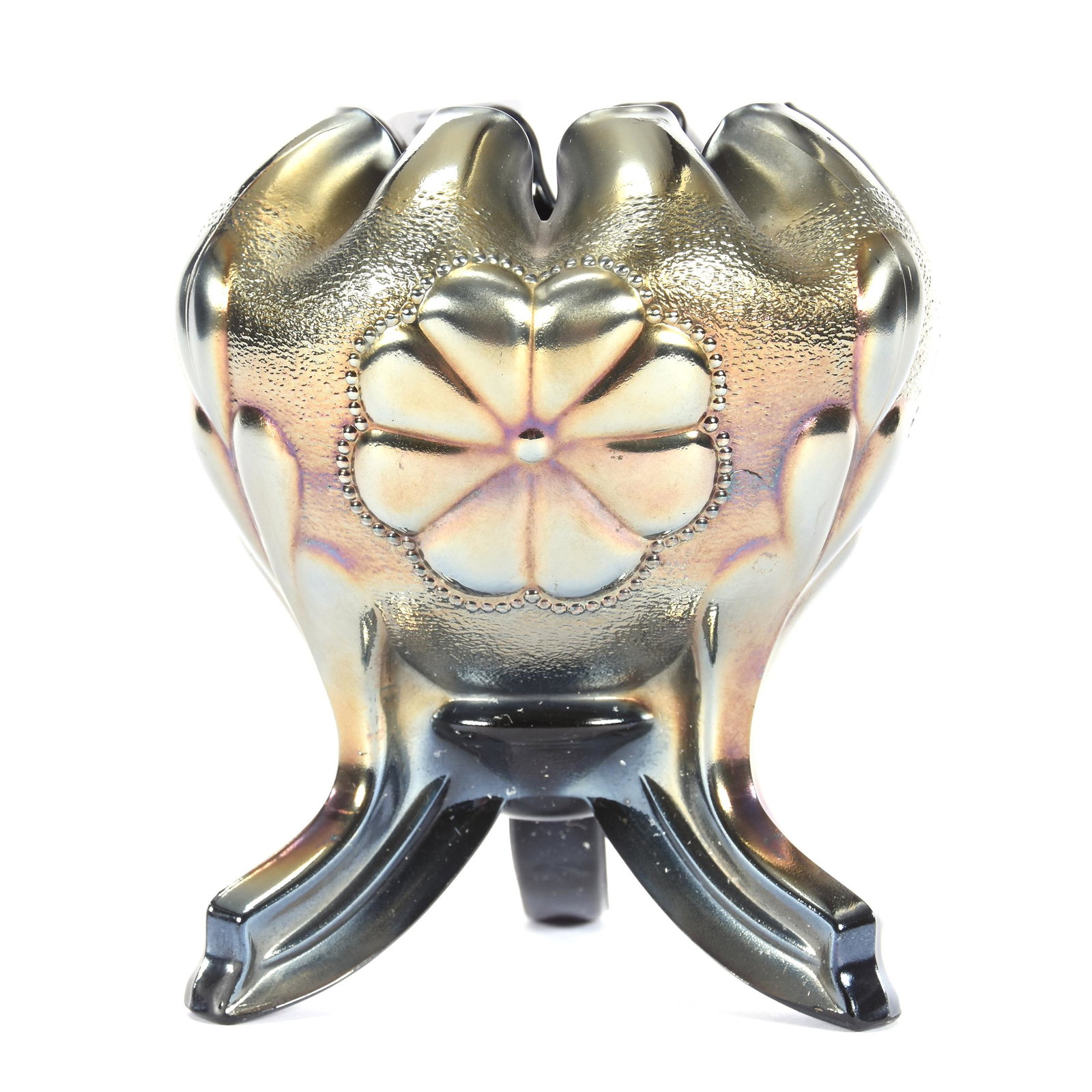 Rose Bowl, Carnival Glass, Northwood Daisy & Plume: Rose Bowl, Carnival Glass, Northwood Daisy & Plume, 5.25", Amethyst, Three Feet, Berry Interior, A. H. Schmidt