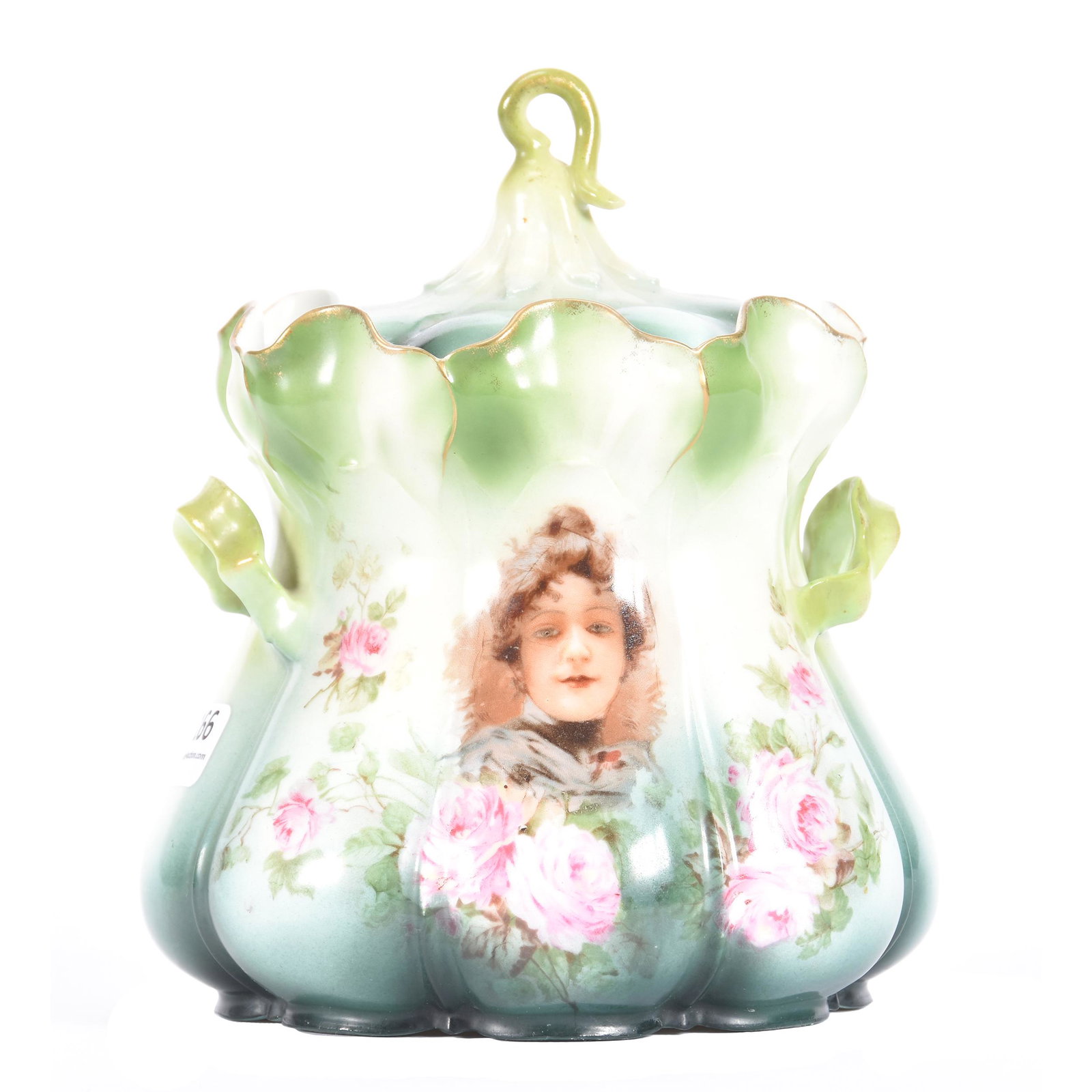 Biscuit Jar, Unmarked Prussia, Morning Glory Mold: Biscuit Jar, Unmarked Prussia, Morning Glory Mold, 7", Portrait of Flossie, Green and Cream Tones with Pink Rose Decor Highlights, The Clarence Meyer Estate, KS