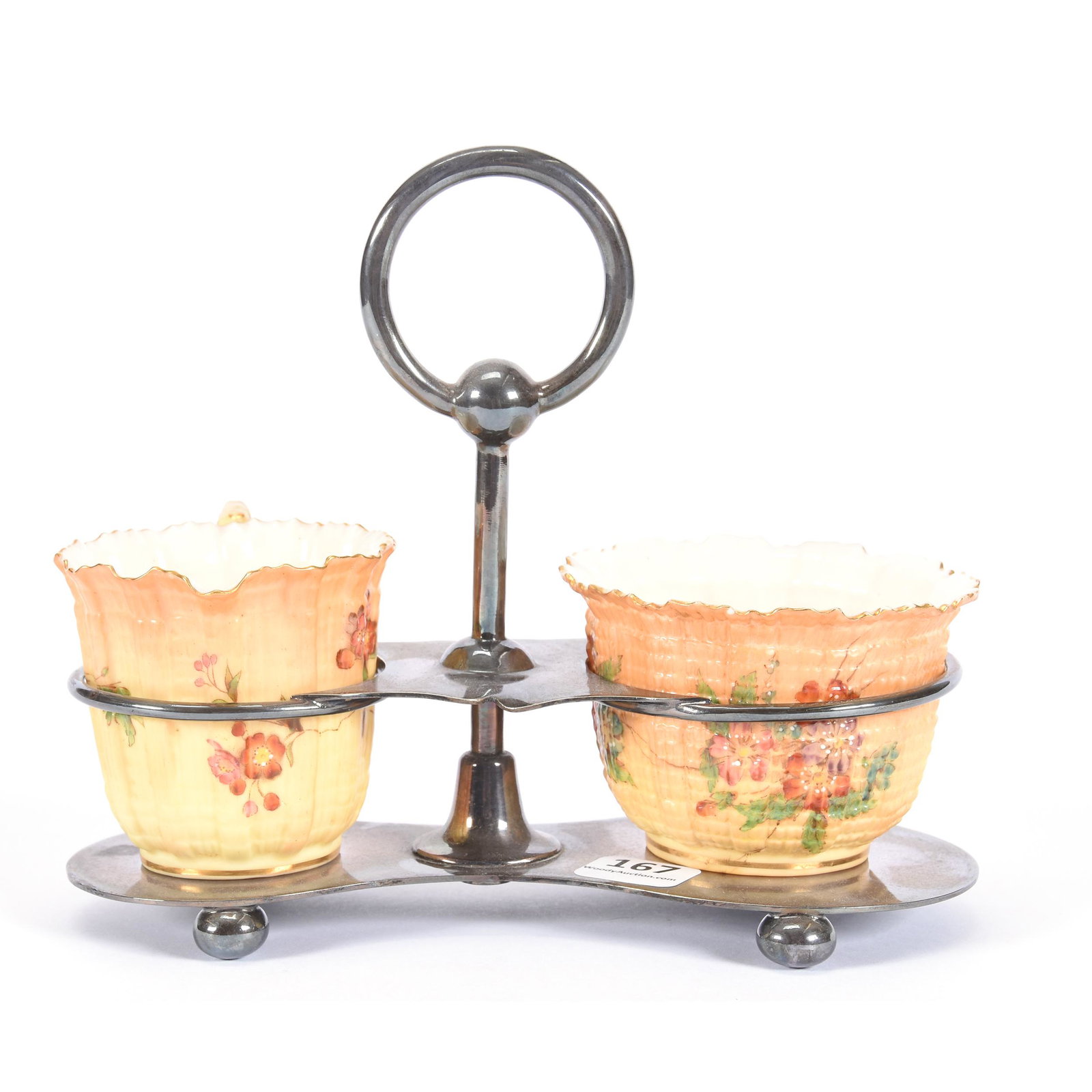 Creamer & Sugar Set, Royal Worcester #G924: Creamer & Sugar Set, Royal Worcester #G924, Cream Tones with Floral Decor, Creamer has Small Surface Nick on Rim, Original Silverplate Frame, Callahan