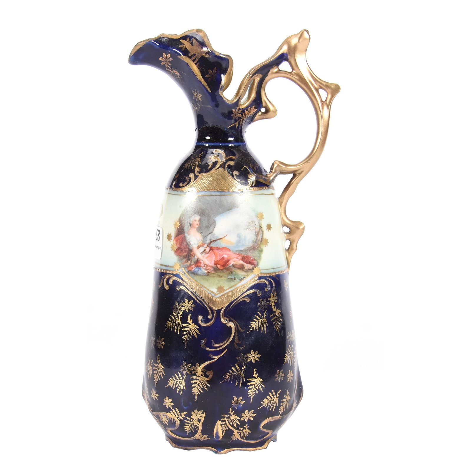 Ewer Marked Saxe Altenburg, Cobalt Blue W/Portrait: Ewer Marked Saxe Altenburg, Cobalt Blue with Portrait, 9", Diana The Huntress & Reclining Lady Portraits, Significant Professional Restoration, The Clarence Meyer Estate, KS