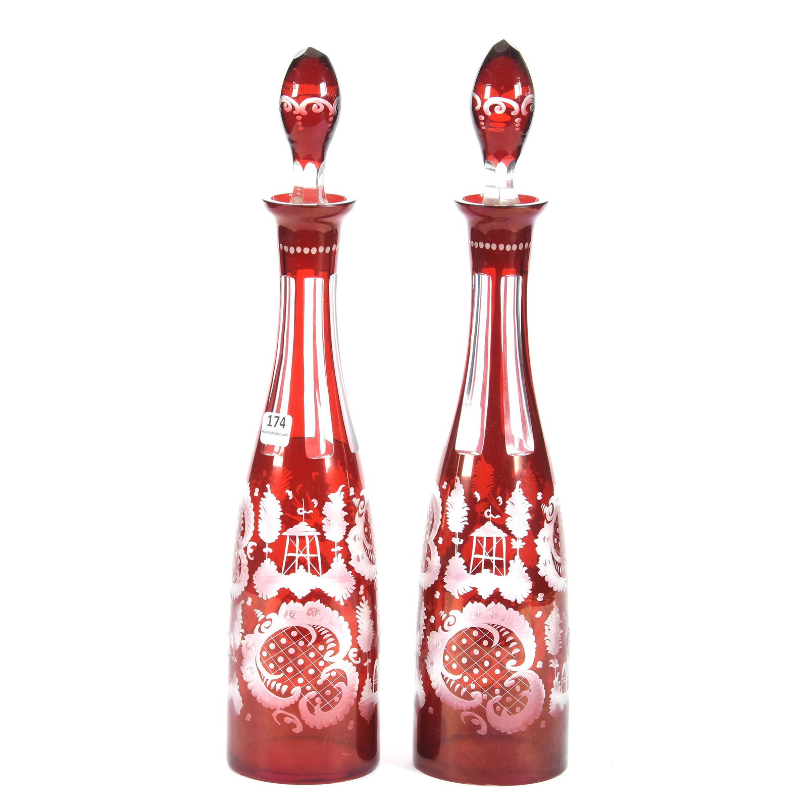 Pair Bohemian Ruby Flash Decanters: Pair Bohemian Ruby Flash Decanters, 16", Classic Engraved Stag and Scroll Decor, Ron Duncan/Allen Goodwin