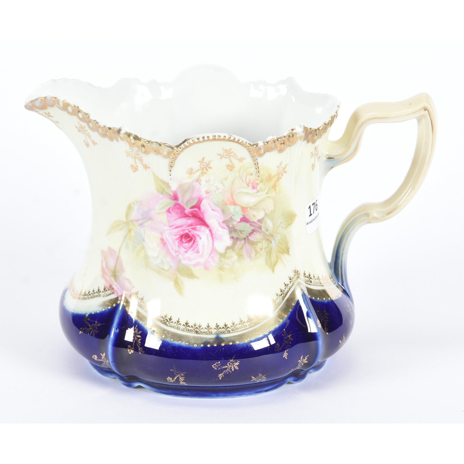 Cider Pitcher, Unmarked Prussia, Cobalt Blue: Cider Pitcher, Unmarked Prussia, Cobalt Blue, 6.25", Medallion Mold, Yellow Background with Pink and Yellow Rose Decor, Cobalt Blue Border, Gold Trim Highlights, The Clarence Meyer Estate, KS