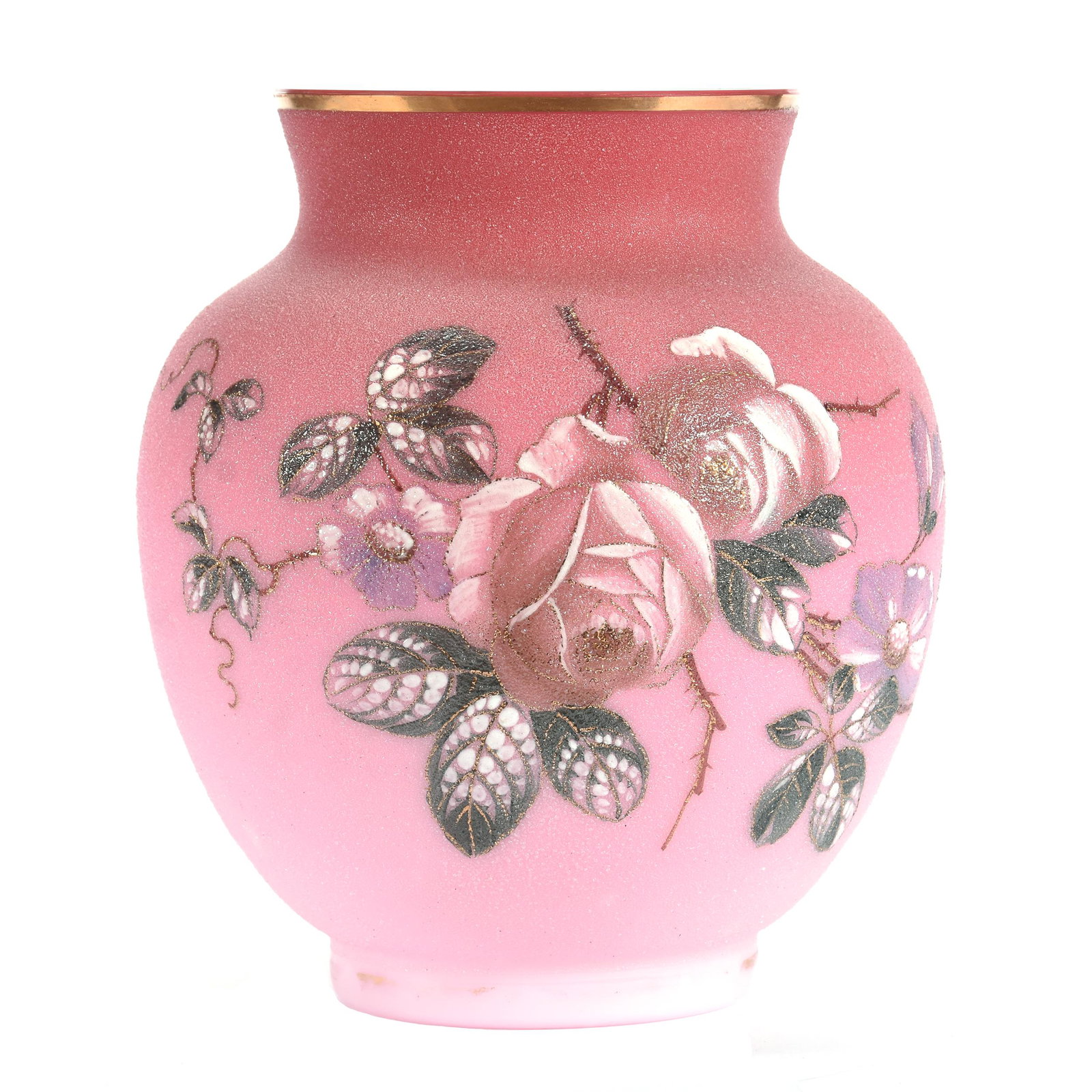 Vase, Pink Art Glass Overshot W/Enamel Rose Decor: Vase, Pink Art Glass Overshot with Enamel Rose Decor, 8.5" x 7.5", Ron Duncan/Allen Goodwin