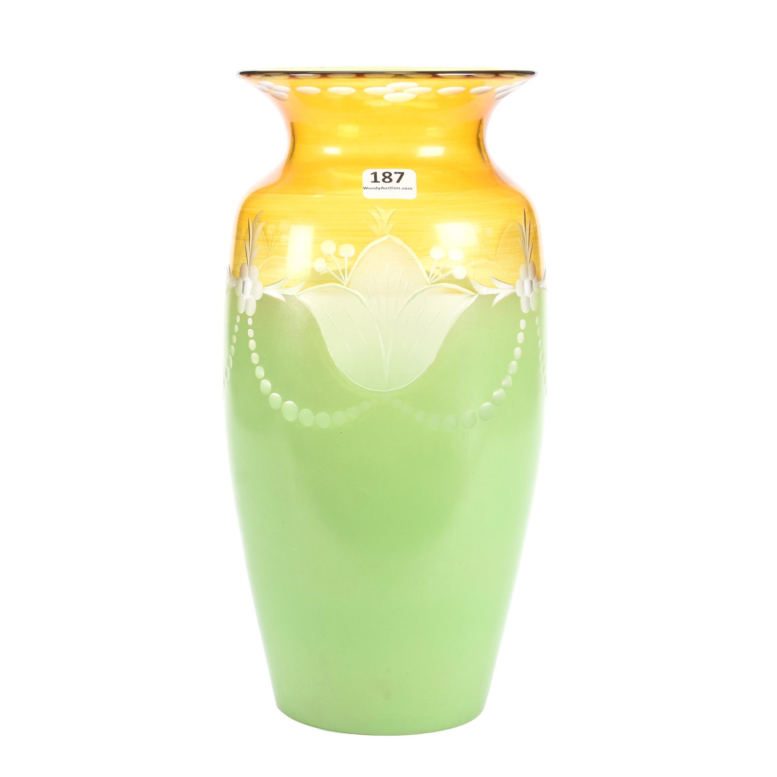 Vase, Clear Glass W/Green & Amber: Vase, Clear Glass with Green & Amber, 11.25" x 5.5", Engraved Floral and Garland Motif, Polished Pontil Base, Ron Duncan/Allen Goodwin
