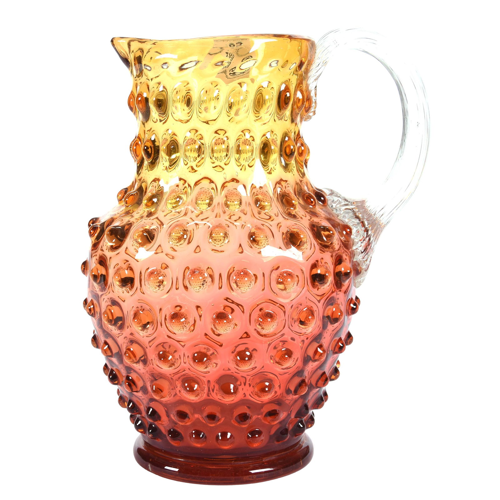 Water Pitcher, Amberina Hobnail Art Glass: Water Pitcher, Amberina Hobnail Art Glass, 8.75", Clear Ribbed Handle, Polished Pontil Base, Interior Rim Chip, Ron Duncan/Allen Goodwin