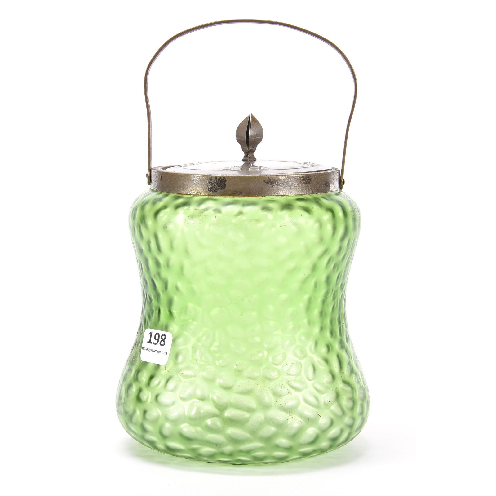 Biscuit Jar, Green Loetz Style Art Glass: Biscuit Jar, Green Loetz Style Art Glass, 7", Corset Shape Textured Body, Silverplate Lid and Bail, Callahan