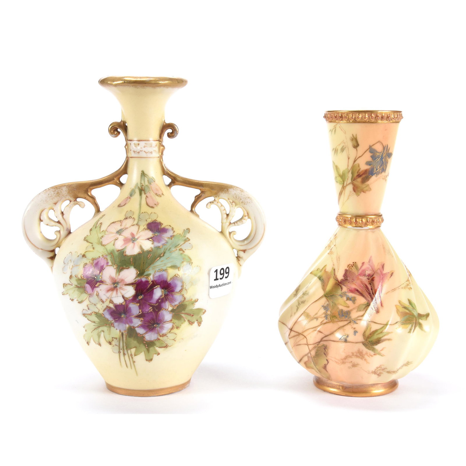 (2) Porcelain Vases: (2) Porcelain Vases, (1) 7" Marked Teplitz, Two Handled, Yellow and White Tones with Floral Decor, (1) 6.5" Marked Royal Worcester #1452, Cream Tones with Pink and Blue Floral Decor, Ron Duncan/Allen 