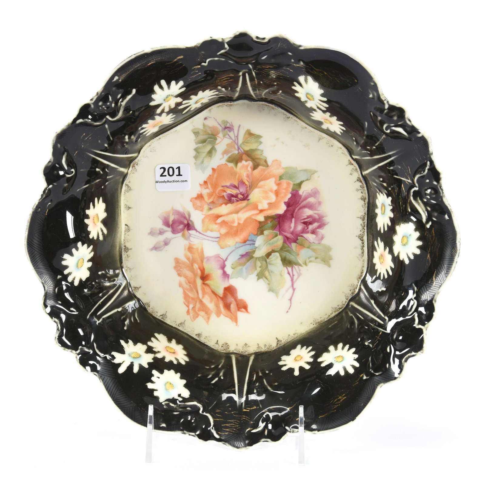 Bowl, Unmarked Prussia,: Bowl, Unmarked Prussia, 10.5", Cream Center with Floral Decor, Black Border, White Blossom Highlights, The Clarence Meyer Estate, KS