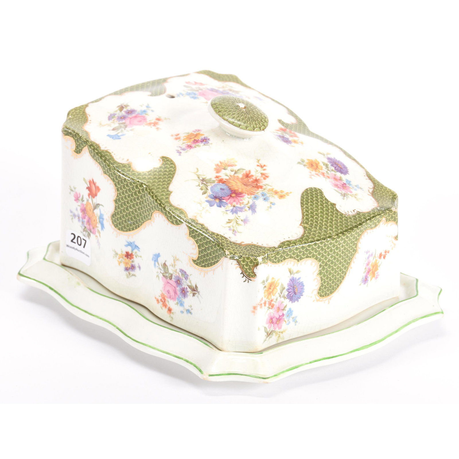Covered Cheese Dish Marked Minton Stoke On Trent: Covered Cheese Dish Marked Minton Stoke on Trent, 5" x 9", White and Green with Colorful Floral Decor, Callahan