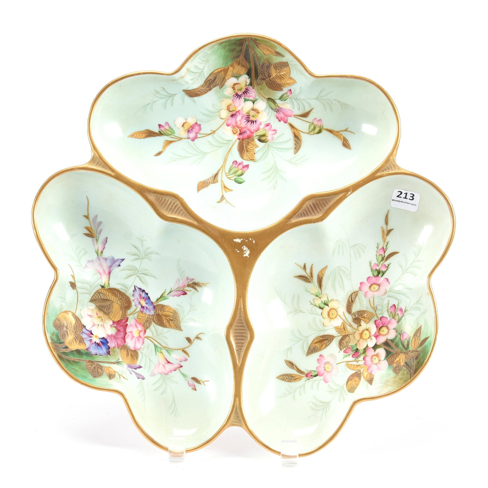 Center Bowl, Royal Worcester, Divided Three Sections: Center Bowl, Royal Worcester, Divided Three Sections, 3" x 13.5", Pale Green Background, Colorful Floral Decor, Gold Trim Highlights, Callahan