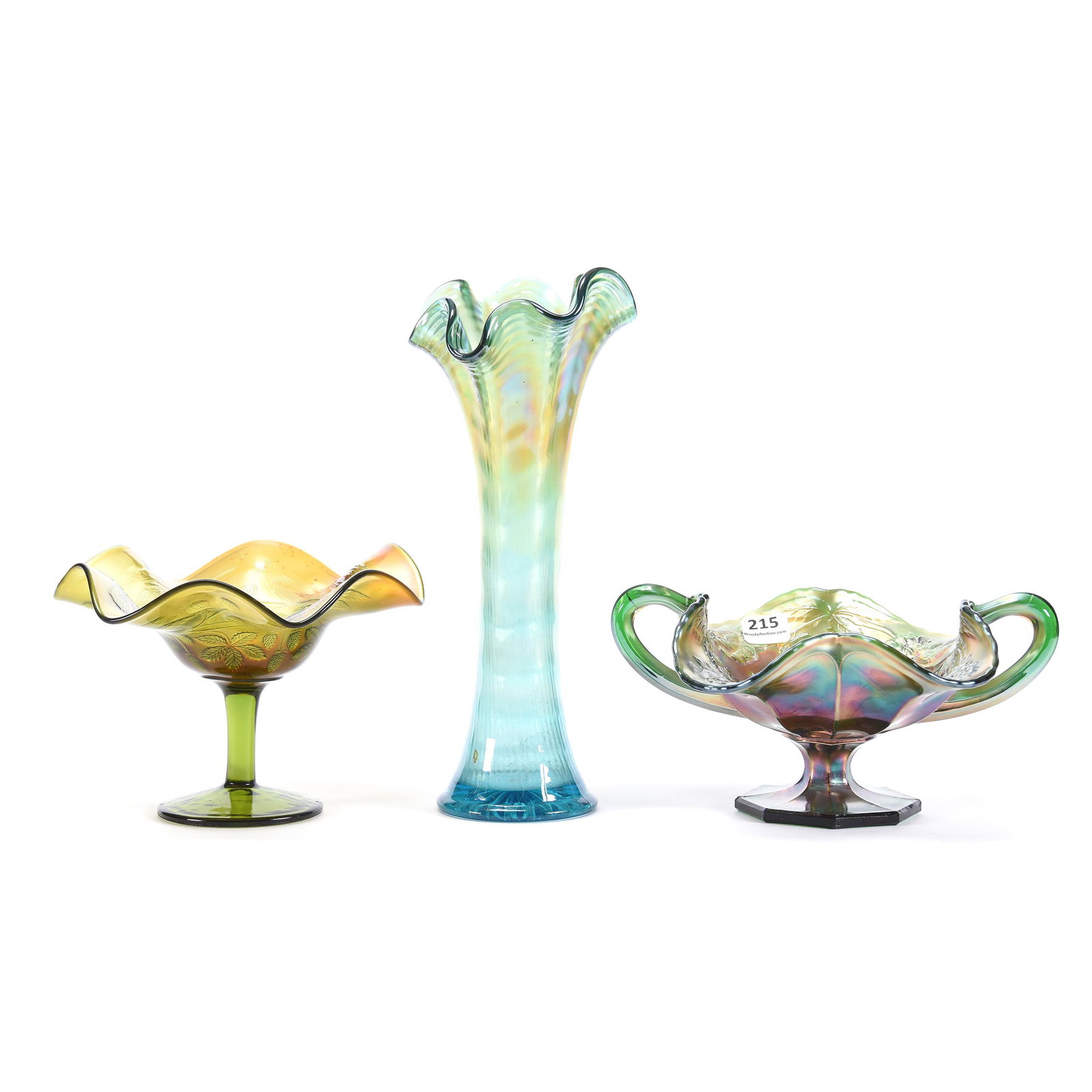 (3) Carnival Glass Items: (3) Carnival Glass Items, (1) 10" Ripple Vase by Imperial, Aqua, (1) 4.5" x 6.5" Compote, Blackberry Bramble by Fenton, Green, (1) 3.5" x 8" Bon-Bon, Wreath of Roses by Fenton, Green, Merle Richardson