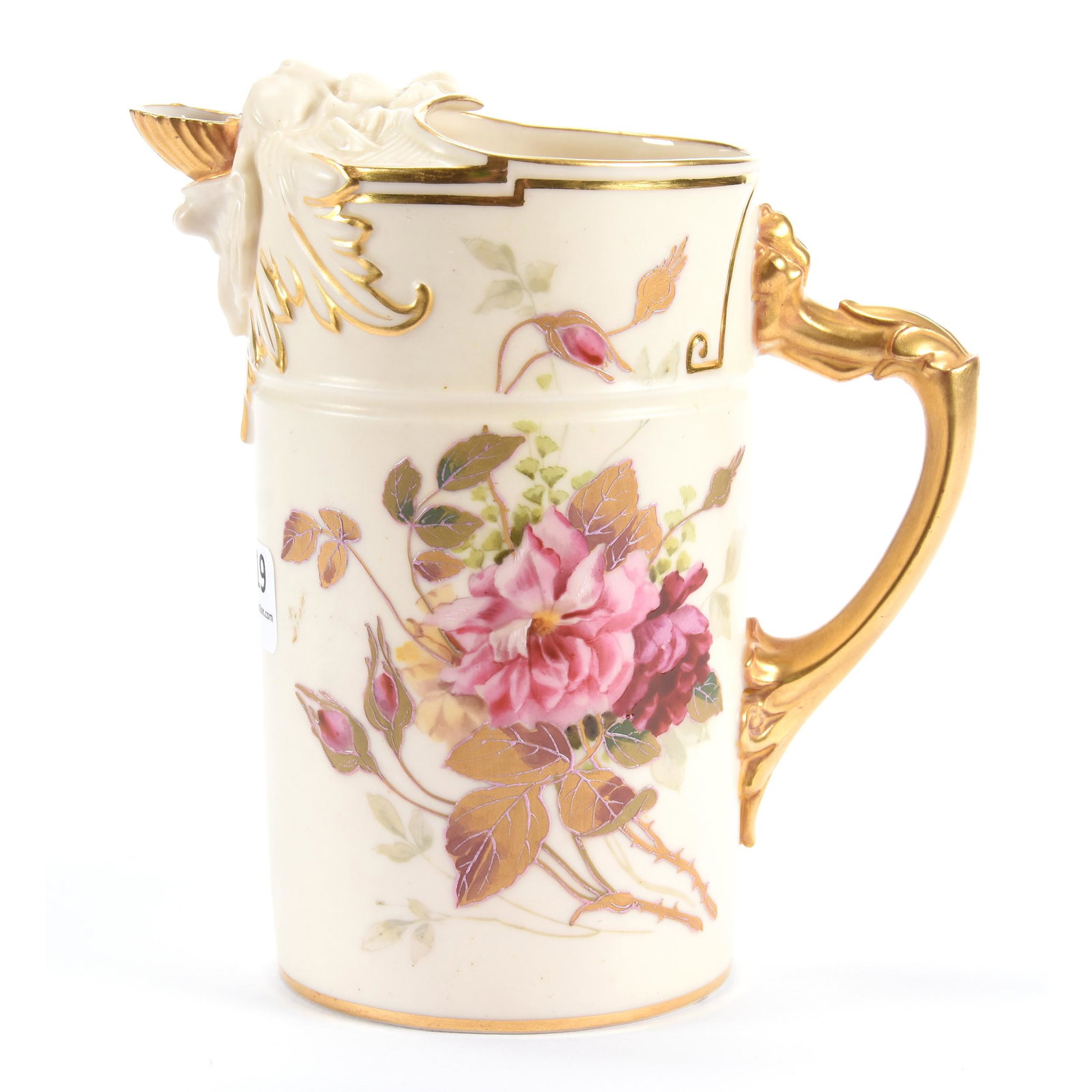Pitcher, Royal Worcester #1258: Pitcher, Royal Worcester #1258, 6", Molded Lion Head Spout, Cream Tones with Pink Floral Decor, Gold Trim Highlights, Callahan