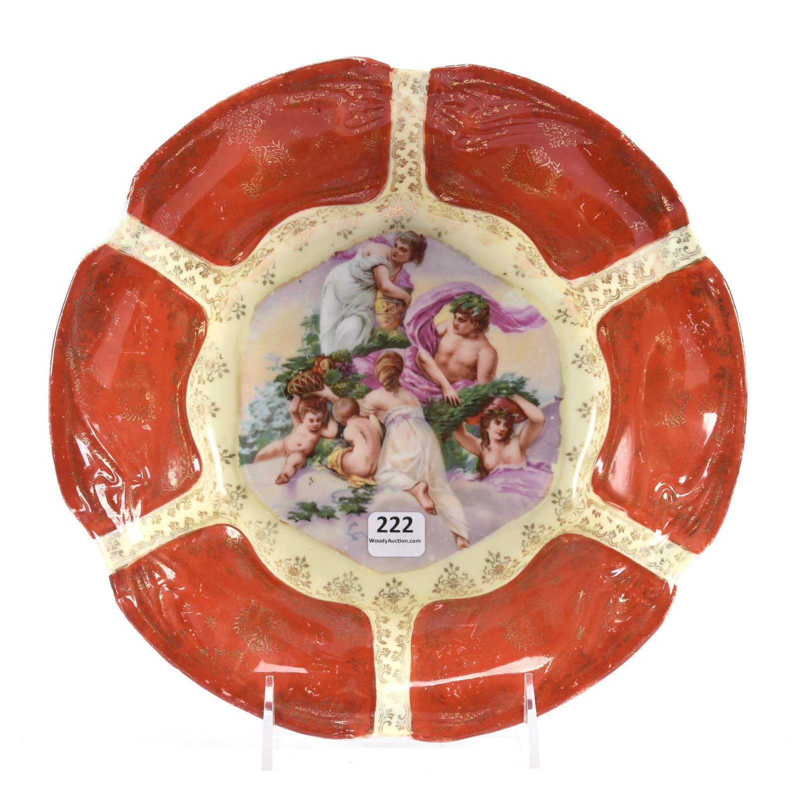 Bowl Marked St. Killian: Bowl Marked St. Killian, 10", Classical Scene, Yellow and Orange Border with Gold Stencil Highlights, Dean and Marilyn Zellers, KS