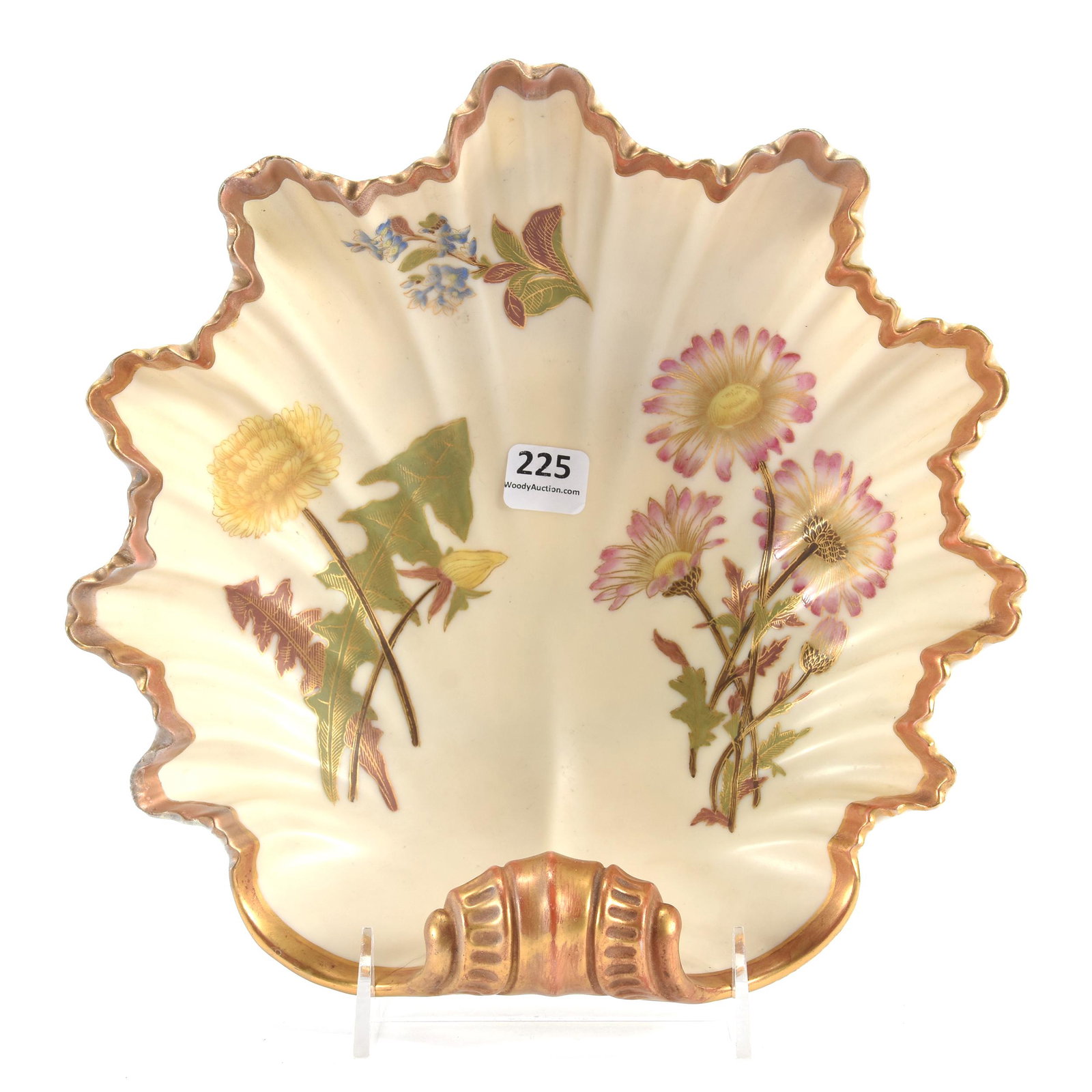 Bowl, Royal Worcester, Shell Mold: Bowl, Royal Worcester, Shell Mold, 3.75" x 9.5", Cream Tones with Colorful Floral Decor, Gold Trim Highlights, Callahan