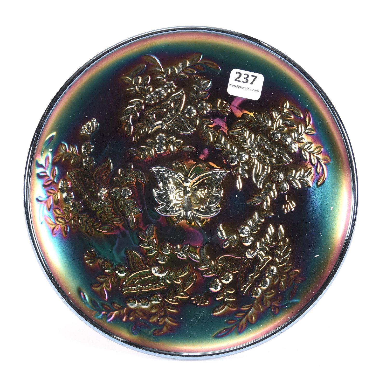 Cake Stand, Carnival Glass, Butterfly Bush: Cake Stand, Carnival Glass, Butterfly Bush, 5" x 8.5", Purple, Australian, Flat, A. H. Schmidt