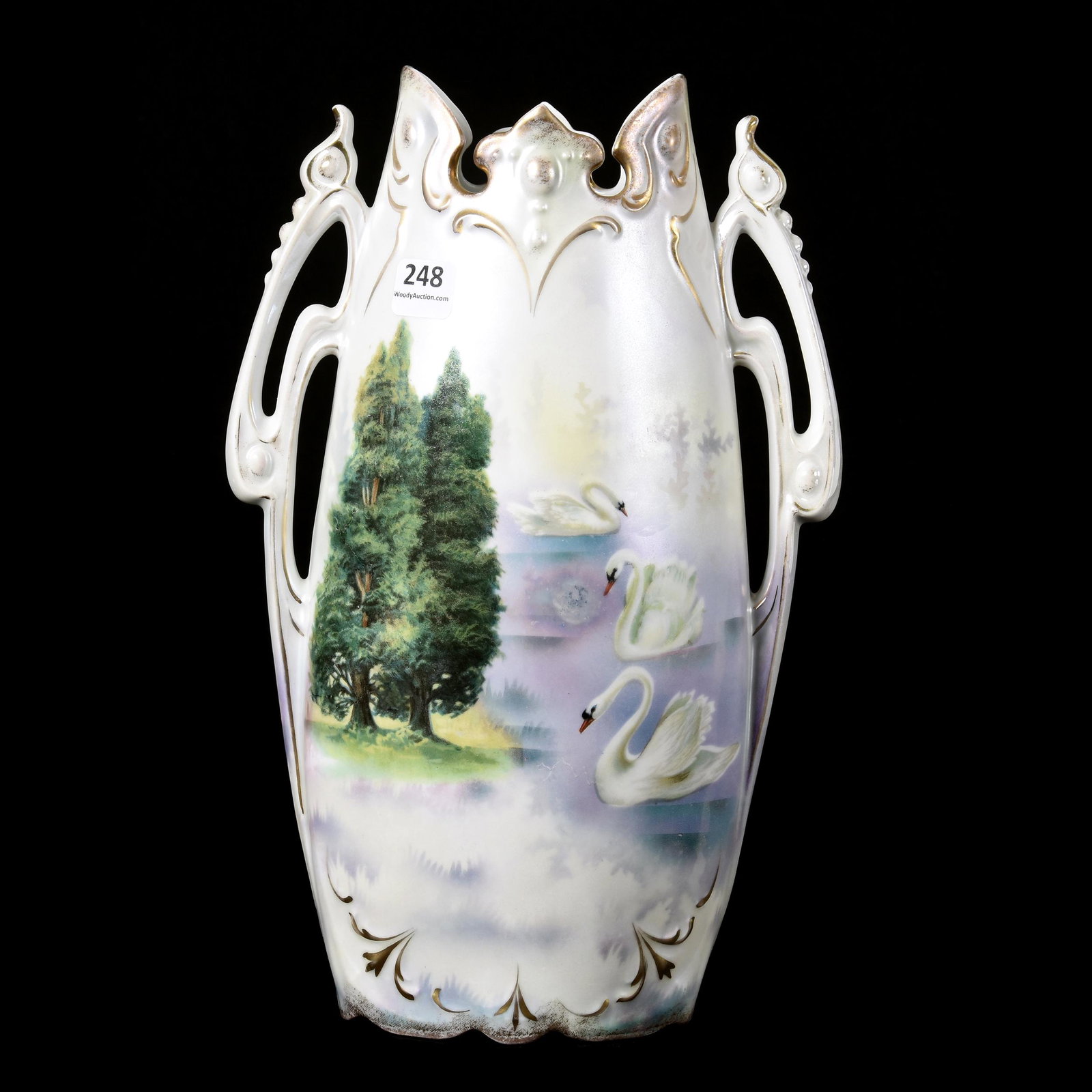 Vase, Unmarked Prussia, Oval, Two Handled: Vase, Unmarked Prussia, Oval, Two Handled, 12", Swan and Evergreen Scenic Decor, Satin Finish, Very Nice, The Clarence Meyer Estate, KS