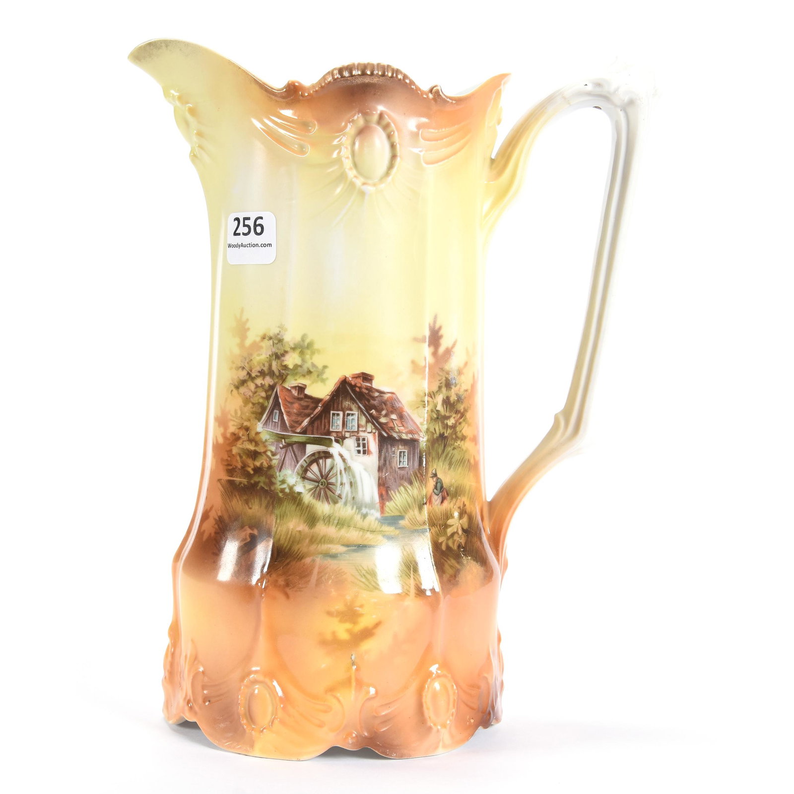 Tankard, Unmarked Prussia, Ribbon & Jewel Mold: Tankard, Unmarked Prussia, Ribbon & Jewel Mold, 9.5", Mill Scene Decor, Brown and Yellow Tones, The Clarence Meyer Estate, KS