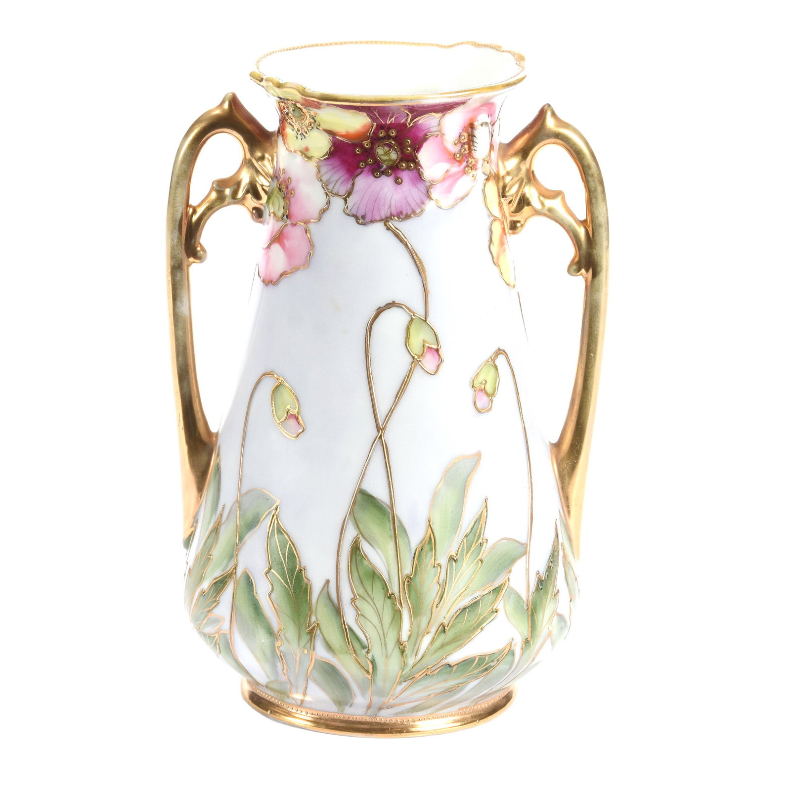 Vase, Two Handles, Marked Nippon: Vase, Two Handles, Marked Nippon, 7", Lavender Background with Colorful Poppy Decor, Gold Trim Highlights, Callahan