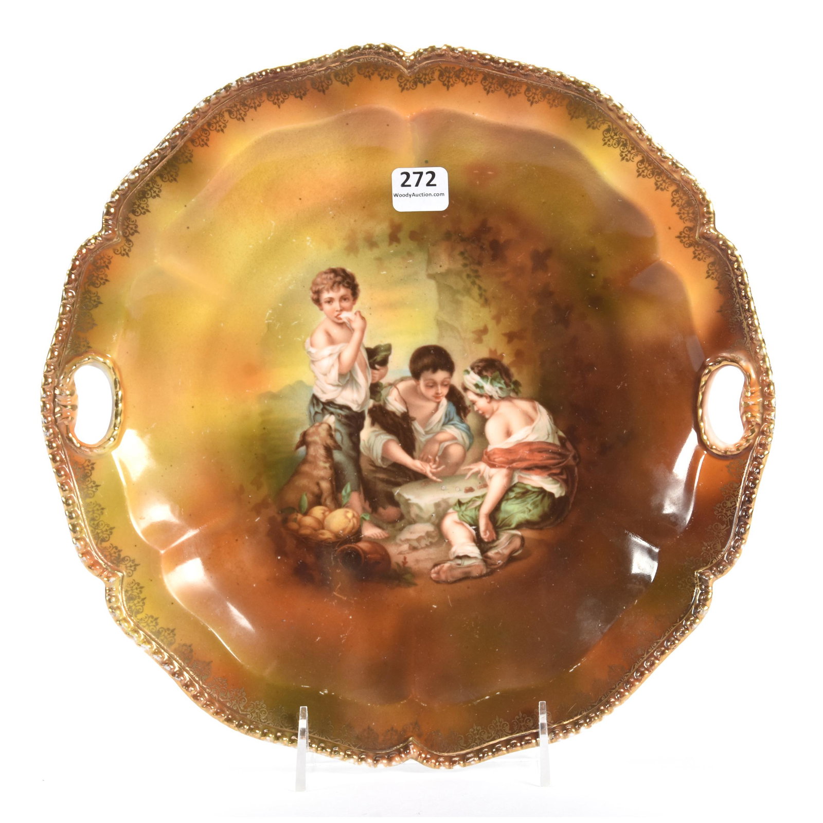 Cake Plate Marked RSP, Mold 300, Dice Throwers Decor: Cake Plate Marked RSP, Mold 300, Dice Throwers Decor, 11.25", Brown Tones with Gold Stencil Highlights, The Clarence Meyer Estate, KS