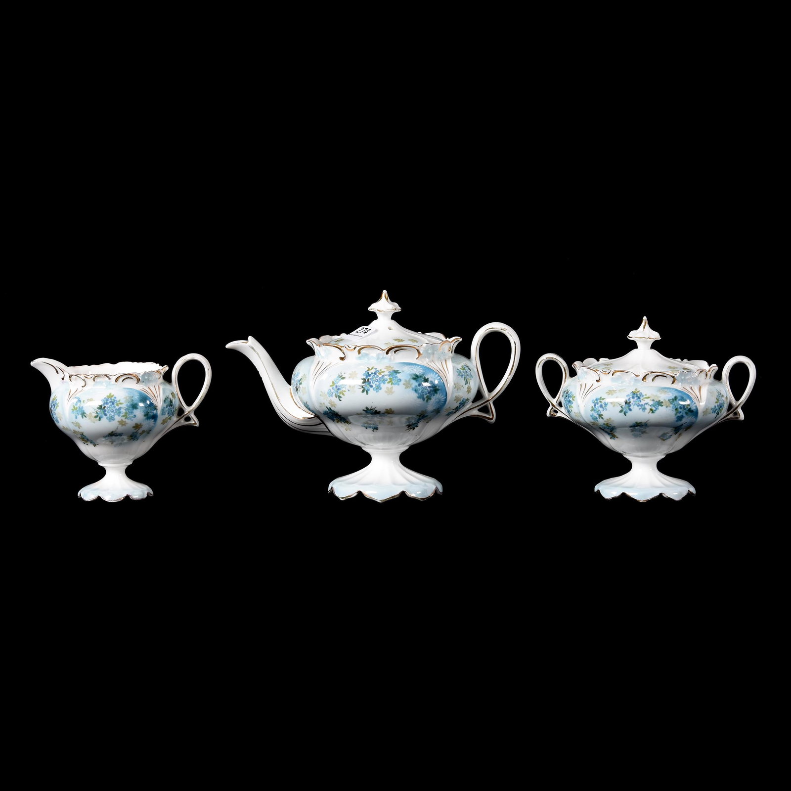 Pedestal Tea Set, Three Piece, Marked RSP: Pedestal Tea Set, Three Piece, Marked RSP, Blue and White with Blue Floral Decor, Teapot, Creamer and Sugar, Sugar Bowl has Foot Repair on Bottom Side, Dean and Marilyn Zellers, KS