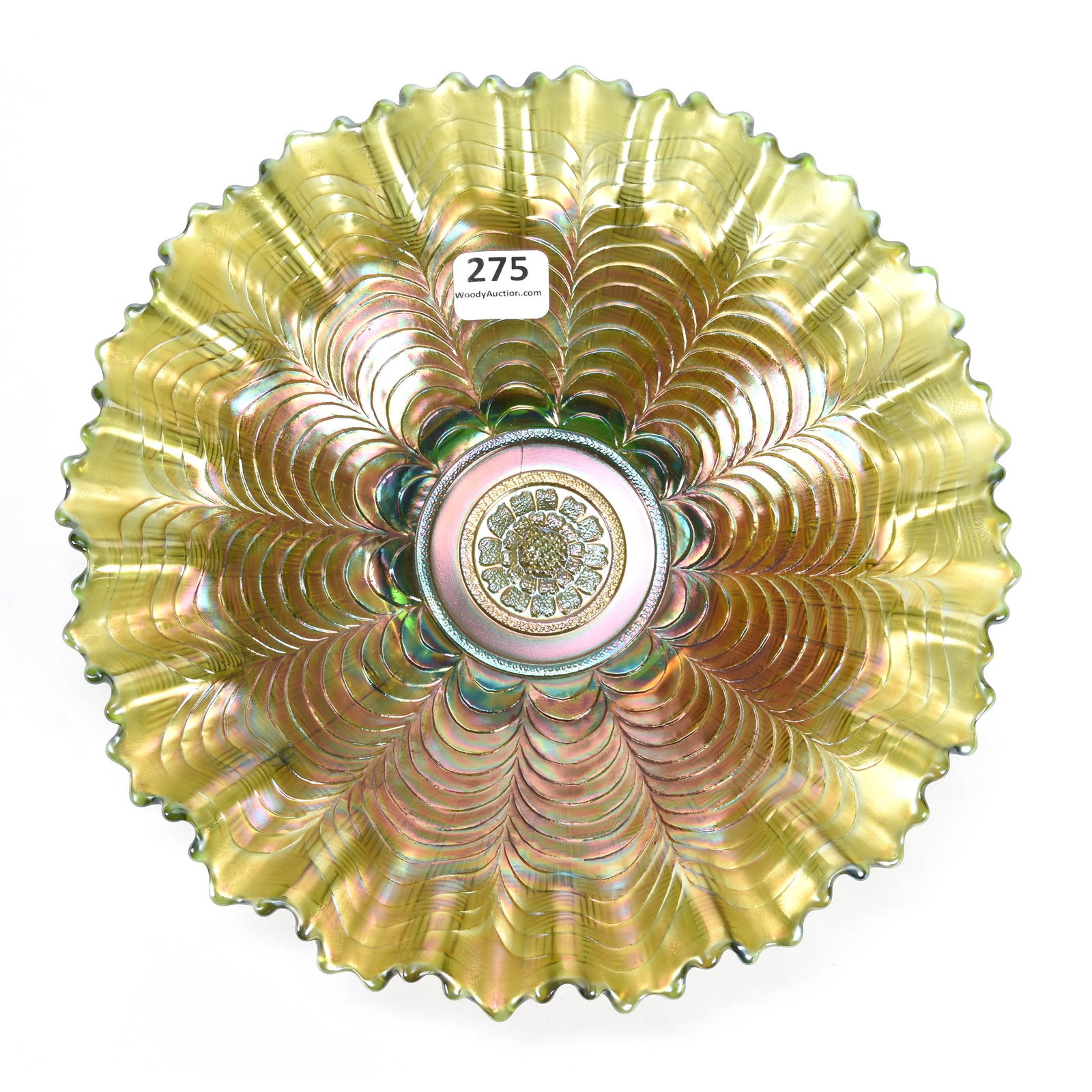 Bowl, Carnival Glass, Nippon By Northwood: Bowl, Carnival Glass, Nippon by Northwood, 8.25", Green, Basketweave Exterior, Pie Crust Edge, Merle Richardson