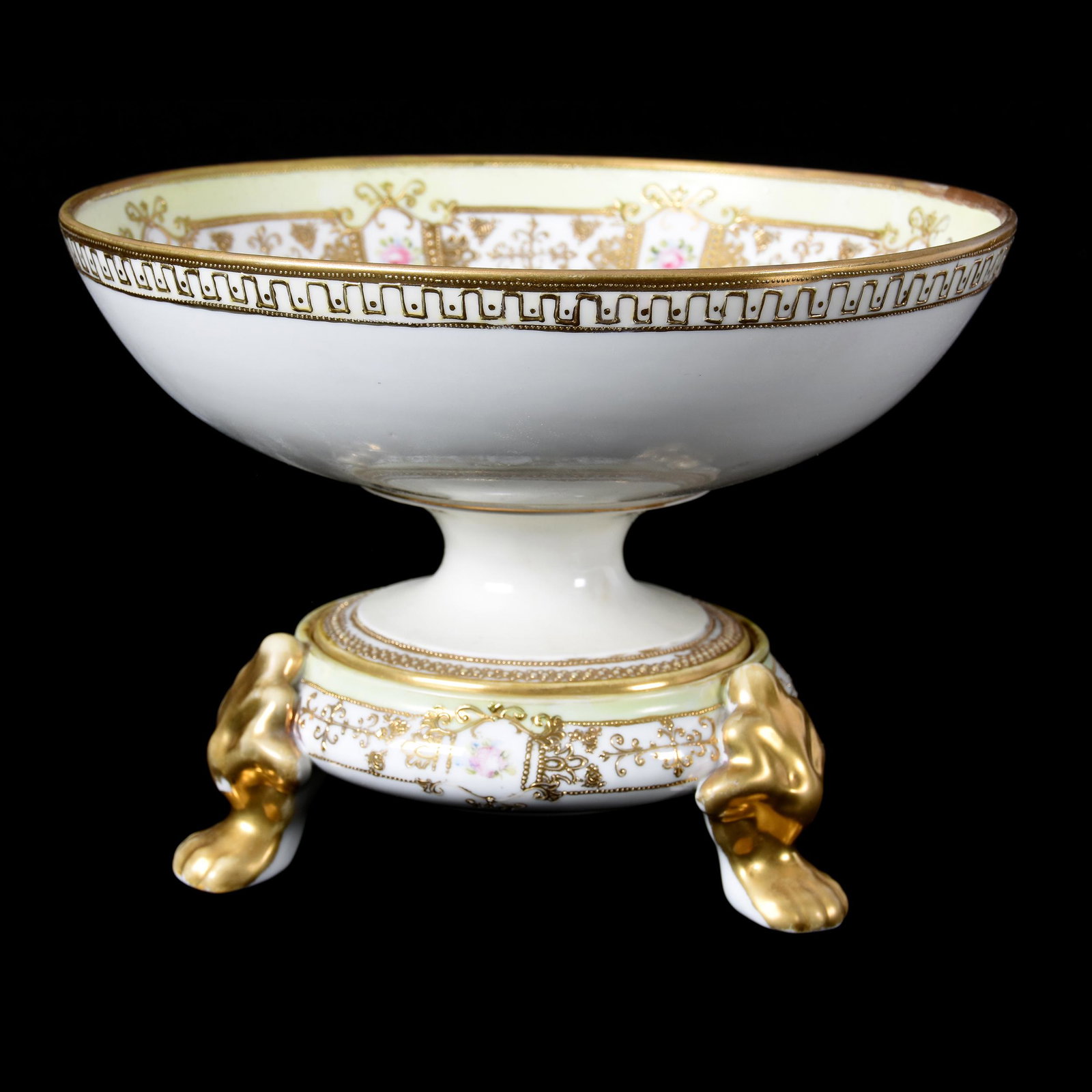 Pedestal Bowl, Two Part, Marked Nippon: Pedestal Bowl, Two Part, Marked Nippon, (1) 7.25" x 10" Pedestal Bowl, Two Part, Green and White with Heavy Gold Enamel and Pink Floral Decor, Some Light Wear to Gold, Repaired Hairline in Bowl, Marke
