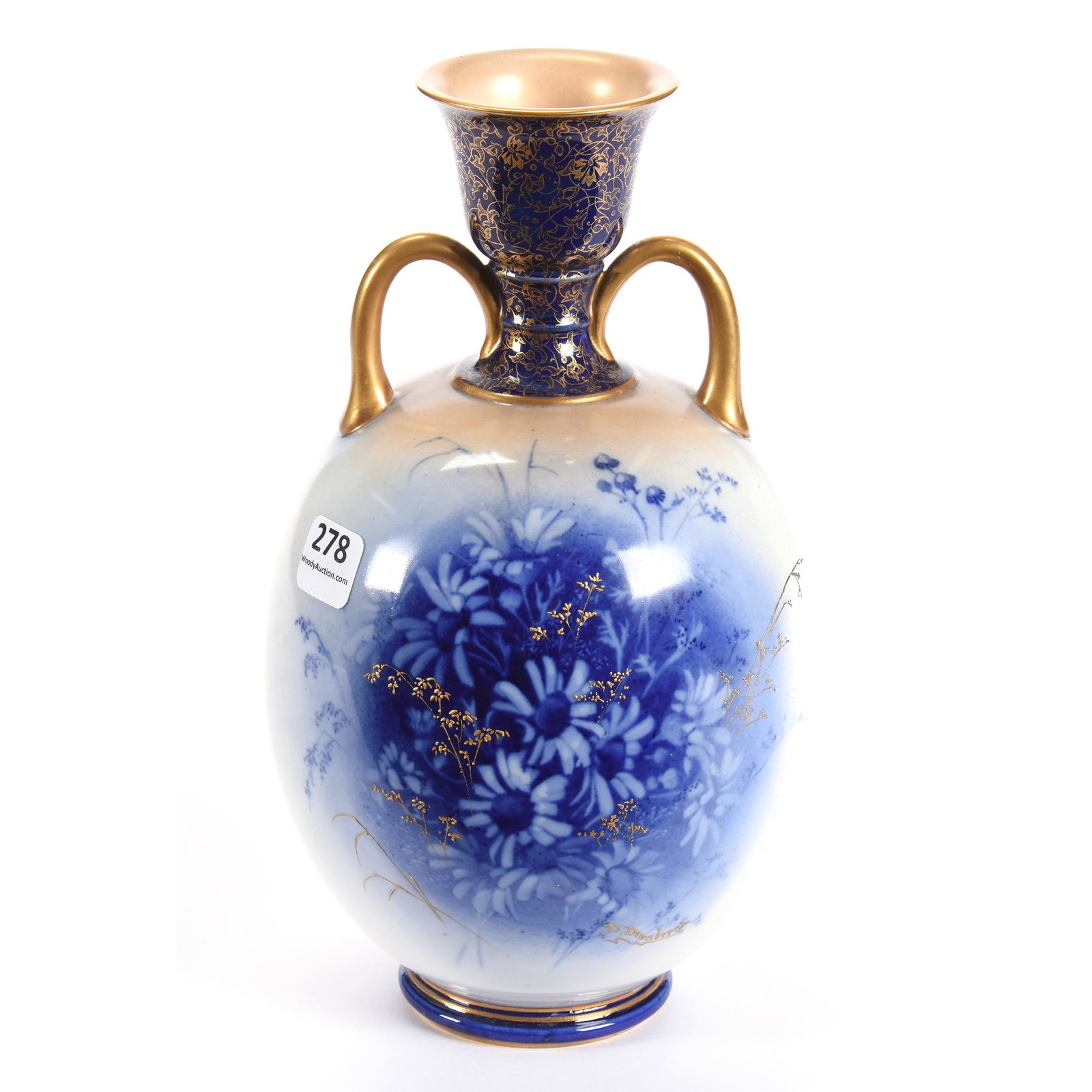 Vase Marked Doulton Burslem: Vase Marked Doulton Burslem, 9", Also Marked Bailey Banks and Biddle, Flow Blue with Strong Gold Stencil Highlights, Artist Signed "D. Dewsberry", Dean and Marilyn Zellers, KS