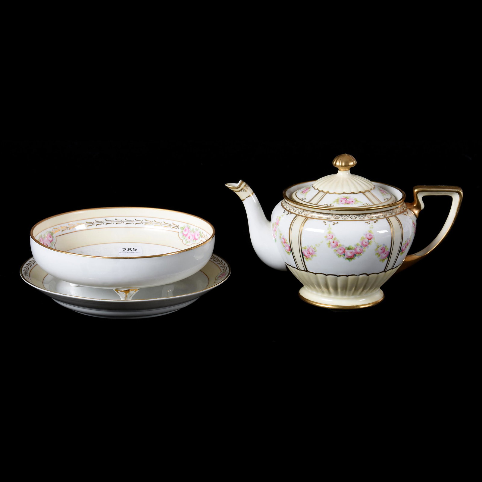 (2) Marked Nippon Items: (2) Marked Nippon Items, (1) 5.5" x 8.5" Teapot, White and Cream with Pink Floral Decor, (1) 2.75" x 7.75", Colander with Underplate, Cream and White with Floral Decor, Callahan.