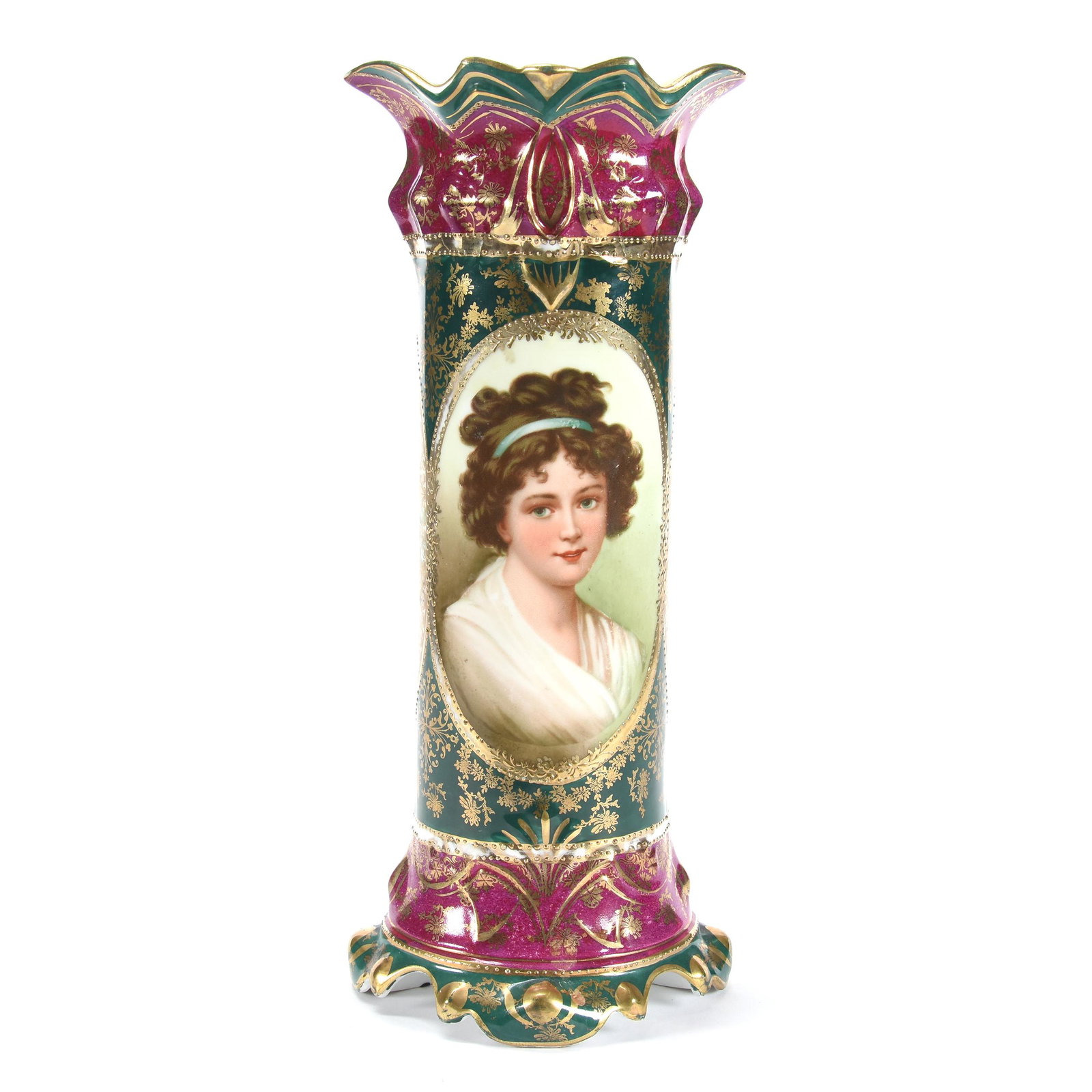 Vase Marked Royal Vienna, Medallion Portrait: Vase Marked Royal Vienna, Medallion Portrait, 11.75", Lebrun with Ribbon Portrait, Classic Green and Maroon Background with Extensive Gold Stencil Highlights, Very Nice, The Clarence Meyer Estate, KS