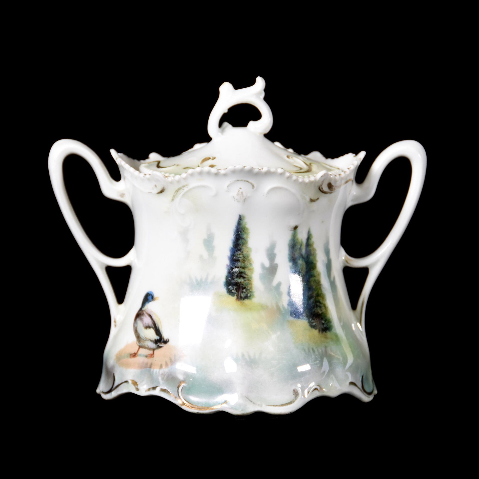Sugar Bowl Marked RSP,: Sugar Bowl Marked RSP, 4.5", Green and White Lustre Finish with Duck Runner & Evergreen Scenic Decor, Finial Repair, The Clarence Meyer Estate, KS