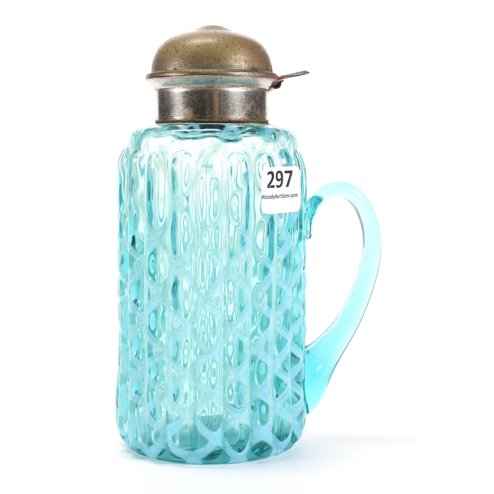 Syrup Pitcher, Blue Opalescent: Syrup Pitcher, Blue Opalescent, 6.5", Ribbed Opal Lattice Pattern, Ron Duncan/Allen Goodwin