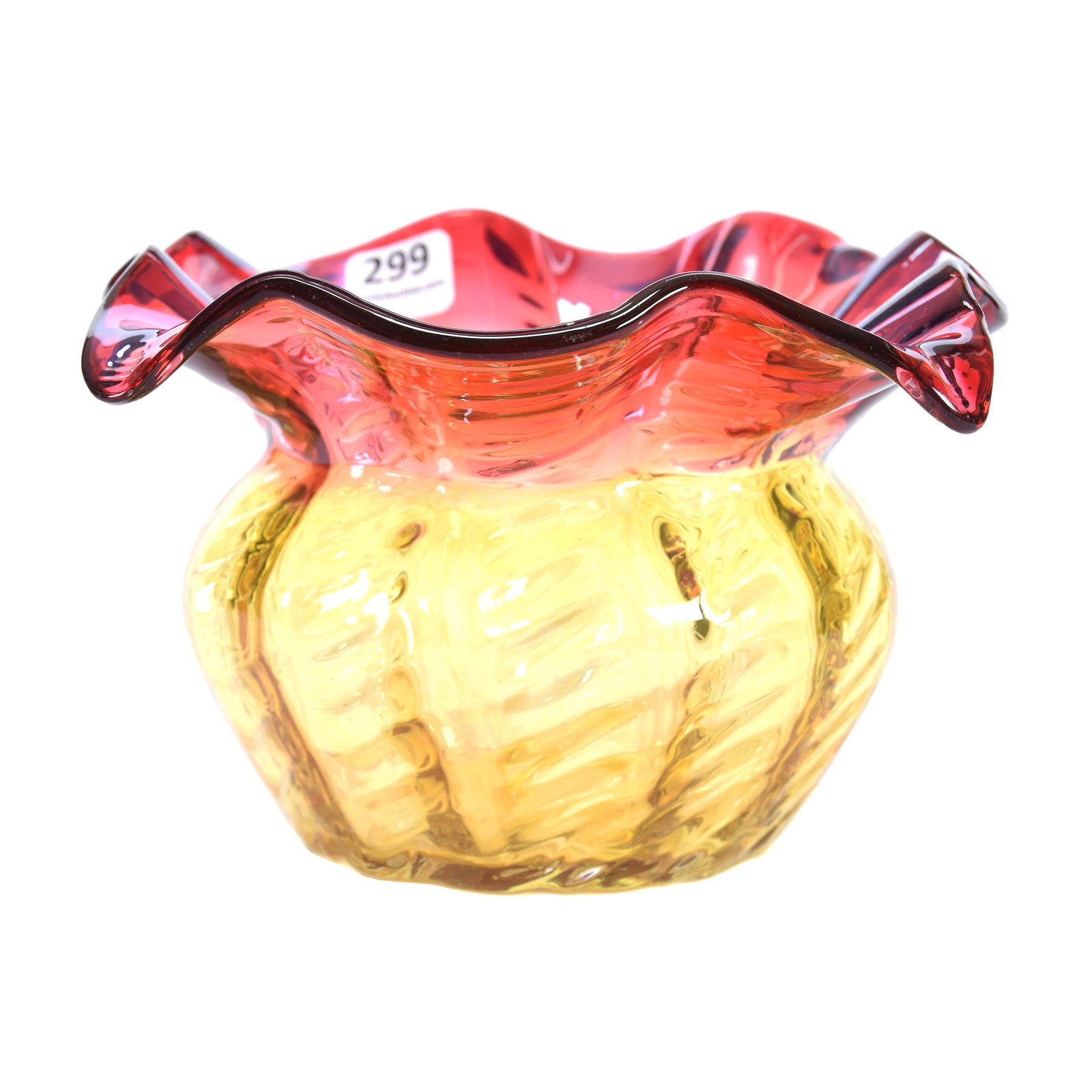 Vase, Amberina Swirl Art Glass: Vase, Amberina Swirl Art Glass, 4" x 6", Square Ruffled Top, Polished Pontil Base, Ron Duncan/Allen Goodwin