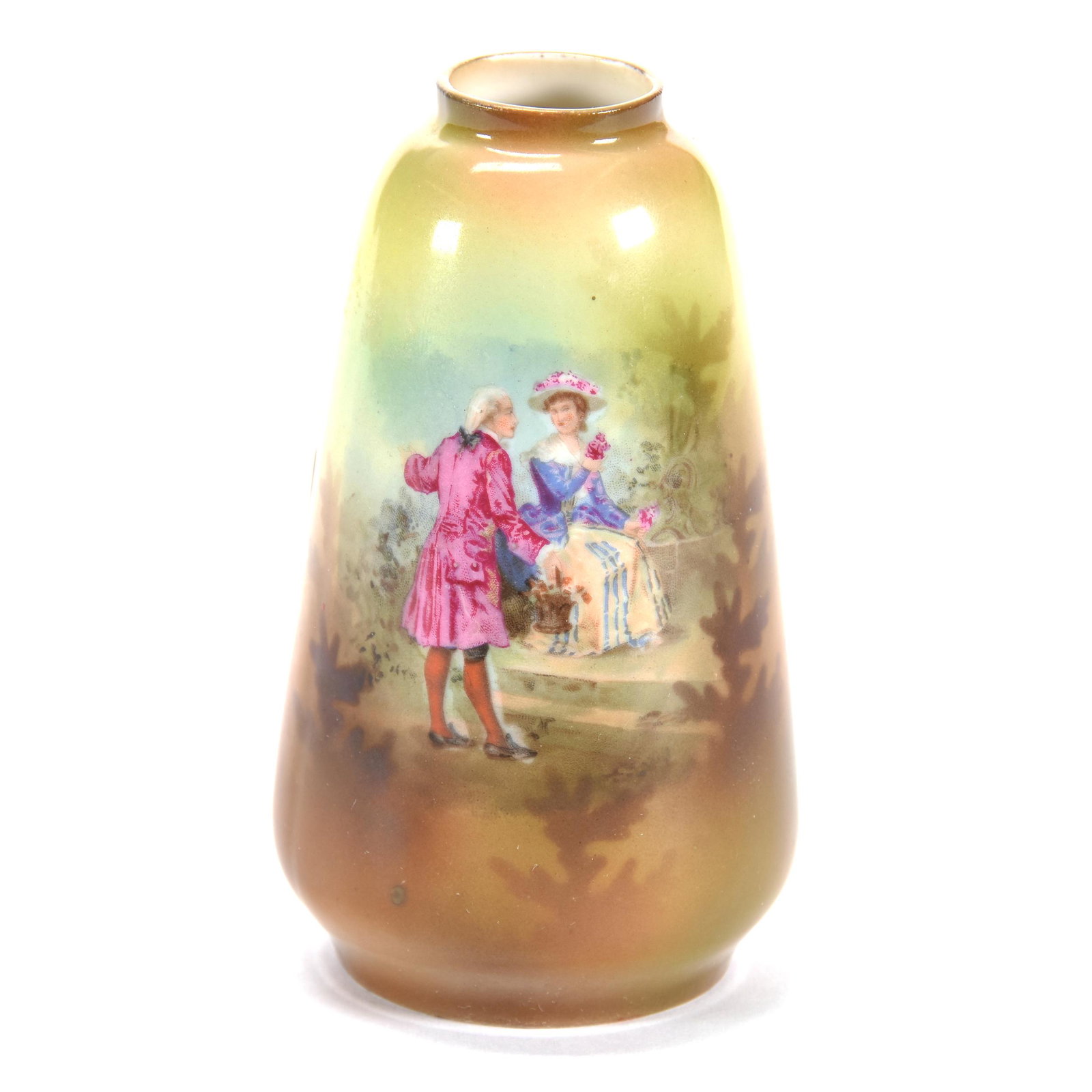 Vase Marked RSP, Classic Courting Scene Decor: Vase Marked RSP, Classic Courting Scene Decor, 4.5", Green and Brown Tones, The Clarence Meyer Estate, KS