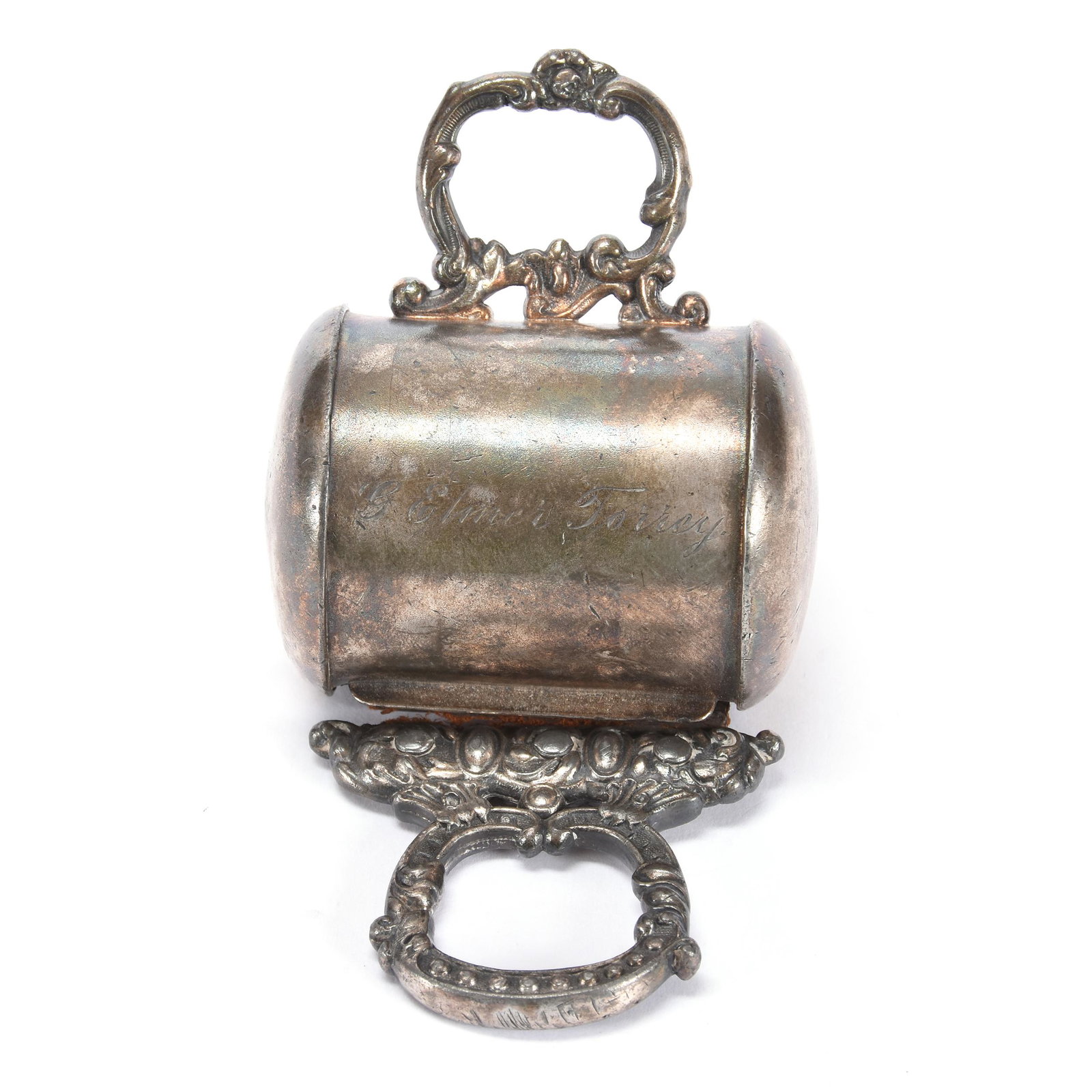 Victorian Retractable Razor Strap: Victorian Retractable Razor Strap, Silverplate Case Engraved "G. Elmer Torrey", Razor Strap is in Weakened Condition and Nearly Detached From Handle, Ron Duncan/Allen Goodwin