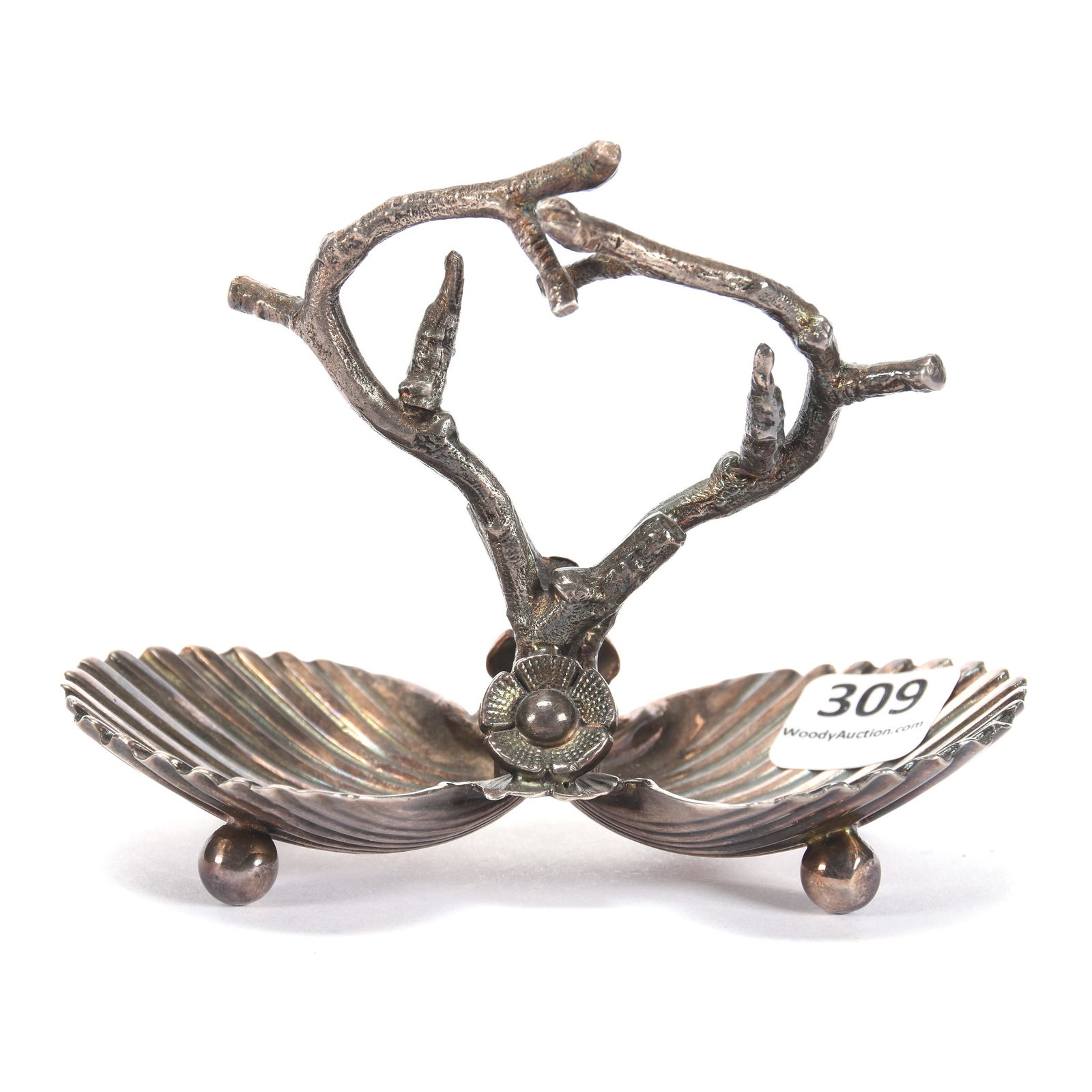 Ornamental Victorian Silverplate Handled Dish: Ornamental Victorian Silverplate Handled Dish, 3.5" x 4.5", Marked Simpson Hall & Miller #2964, Two Shells with Figural Coral, Ron Duncan/Allen Goodwin